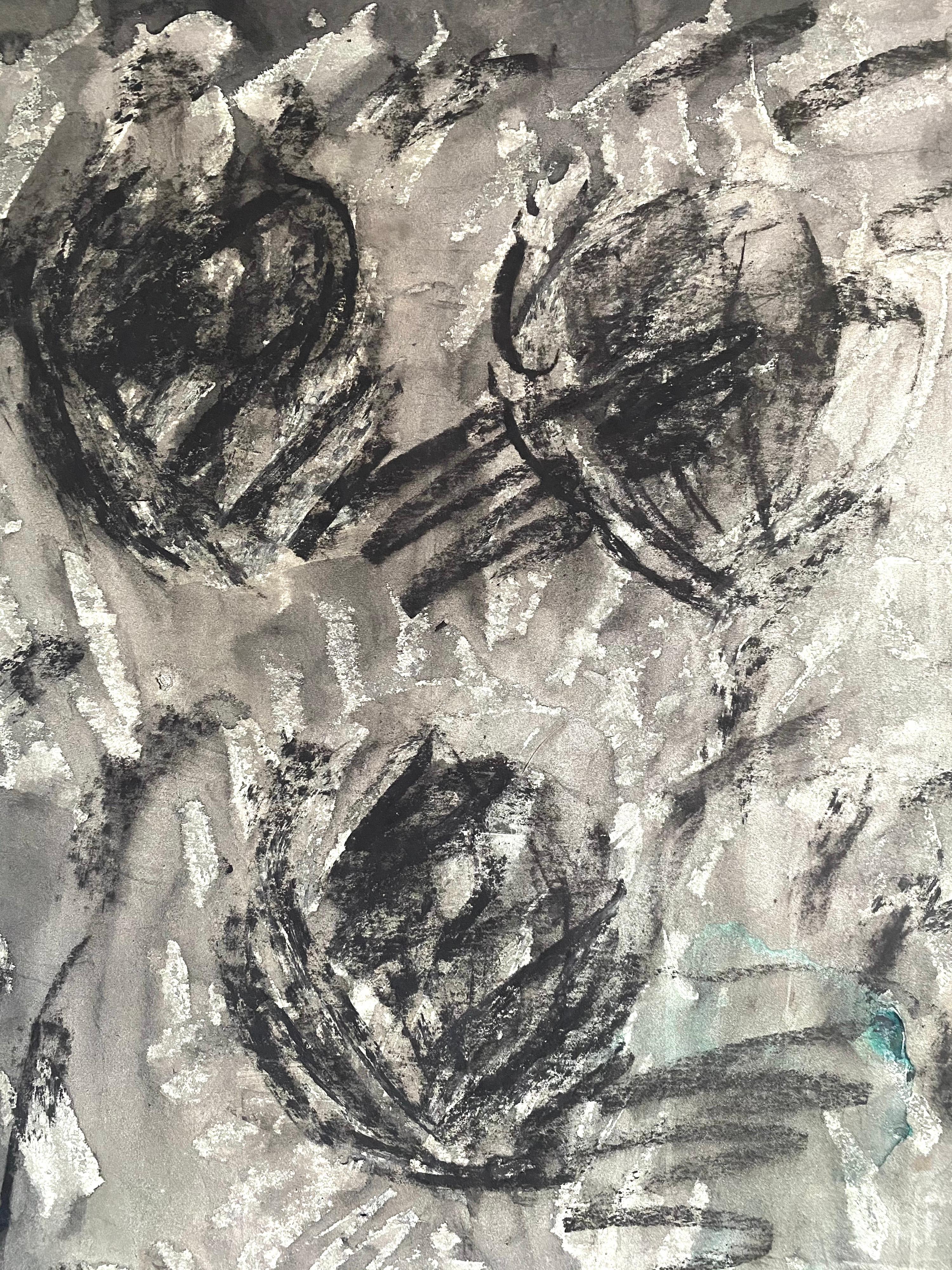 Pintura al gouache expresionista abstracta australiana Carboncillo sobre papel perfilado - Abstract Painting Gris de David Rankin
