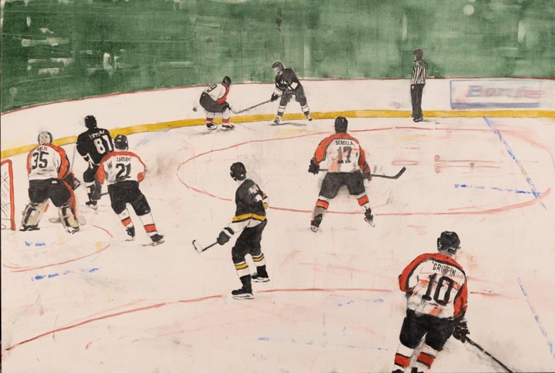 Danglers & Grinders, Ink on Canvas Painting by David Rathman, 2023

Additional information:
Medium: Ink on canvas
Dimensions: 24 x 36 in (61 x 91.4 cm)

David Rathman has been heralded for his critical analysis of masculine iconography, the artist