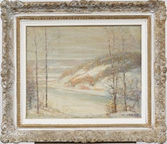 Antiguo cuadro al óleo impresionista americano Paisaje invernal nevado enmarcado y firmado