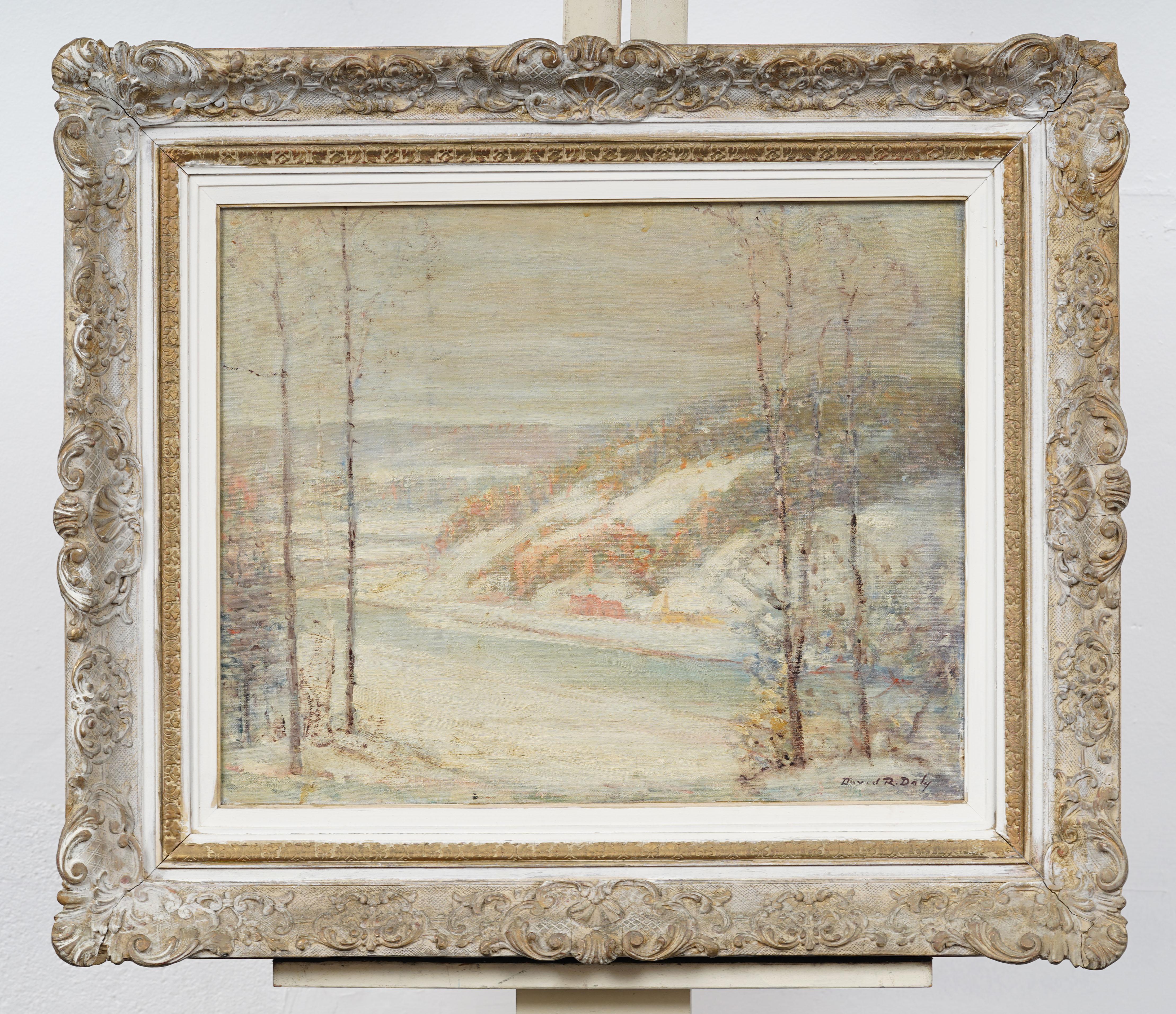 Peinture à l'huile impressionniste américaine ancienne, paysage de neige en hiver, encadrée et signée - Impressionnisme Painting par David Raymond Daly 