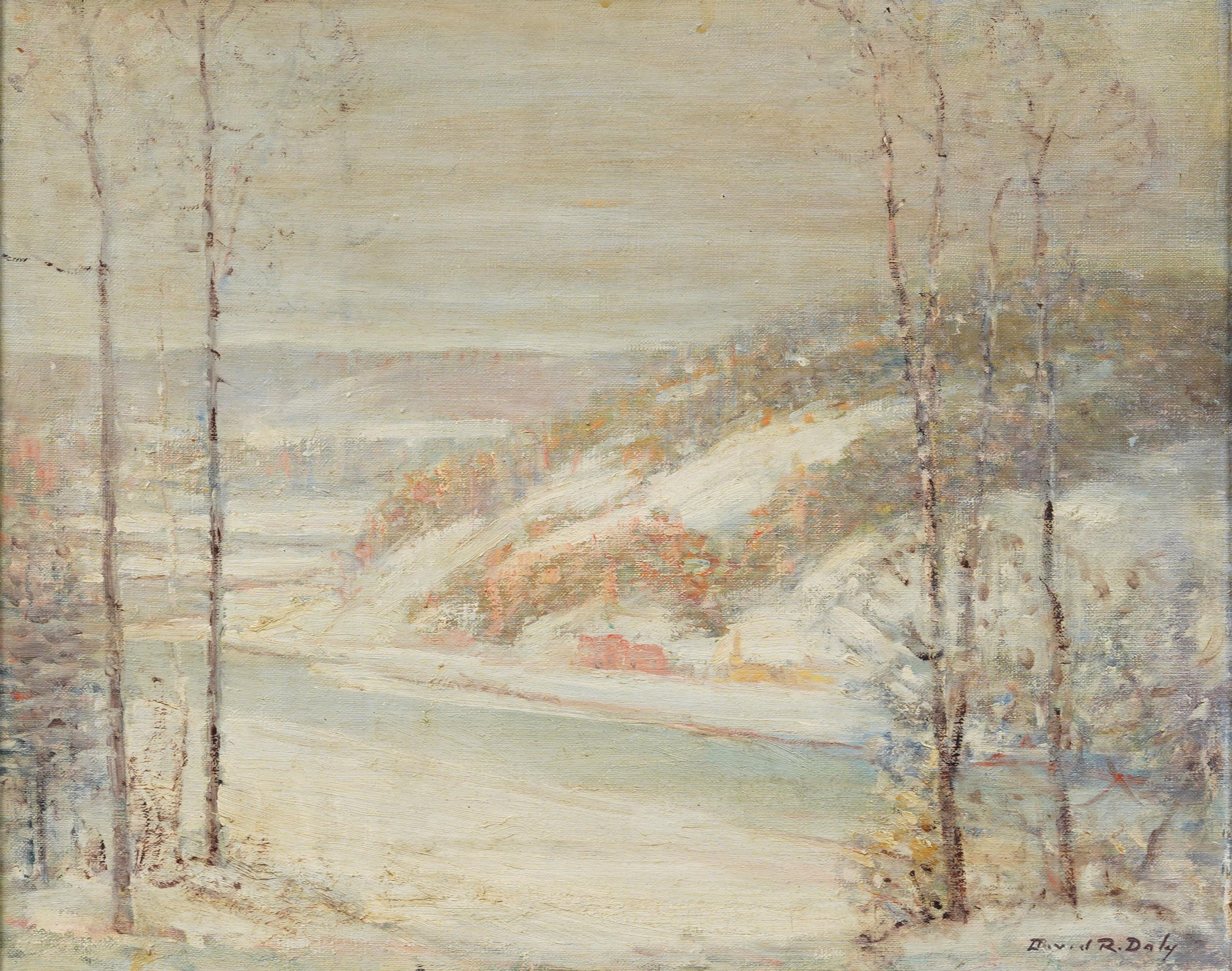 Peinture à l'huile impressionniste américaine ancienne, paysage de neige en hiver, encadrée et signée - Marron Landscape Painting par David Raymond Daly 