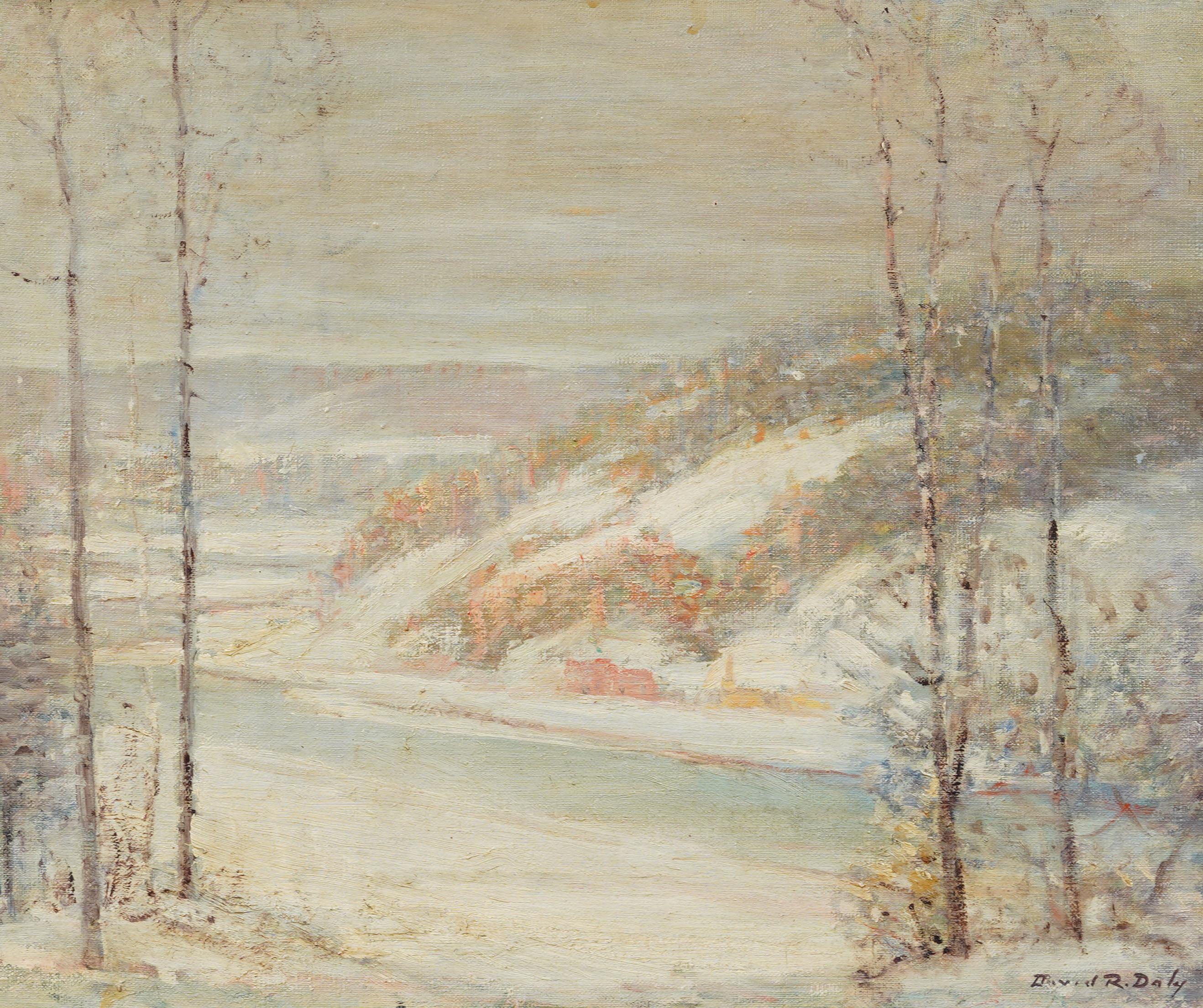 Ancienne peinture à l'huile impressionniste américaine de David Raymond Daly. Huile sur toile. Encadré. Sihgned.  Dimensions : 24 par 28 pouces sur l'ensemble, et 16 par 20 pour la peinture seule.  En excellent état d'origine. Joliment encadré dans
