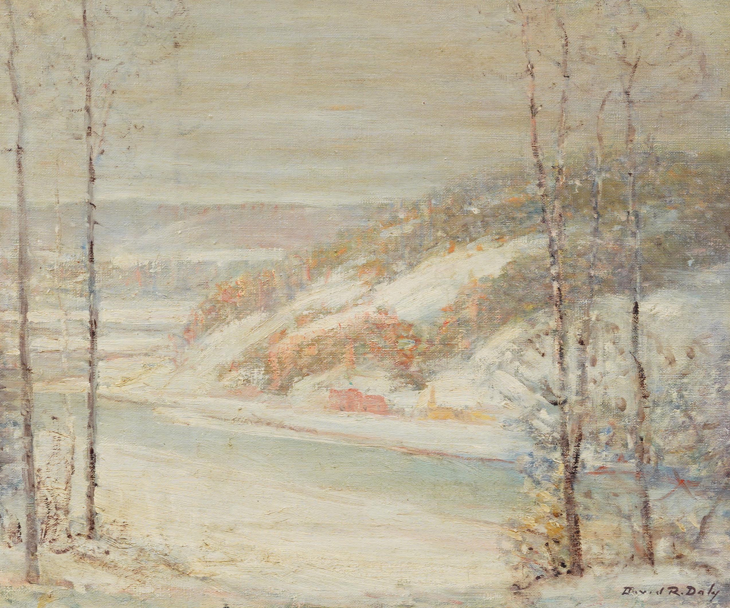 Peinture à l'huile impressionniste américaine ancienne, paysage de neige en hiver, encadrée et signée en vente 1