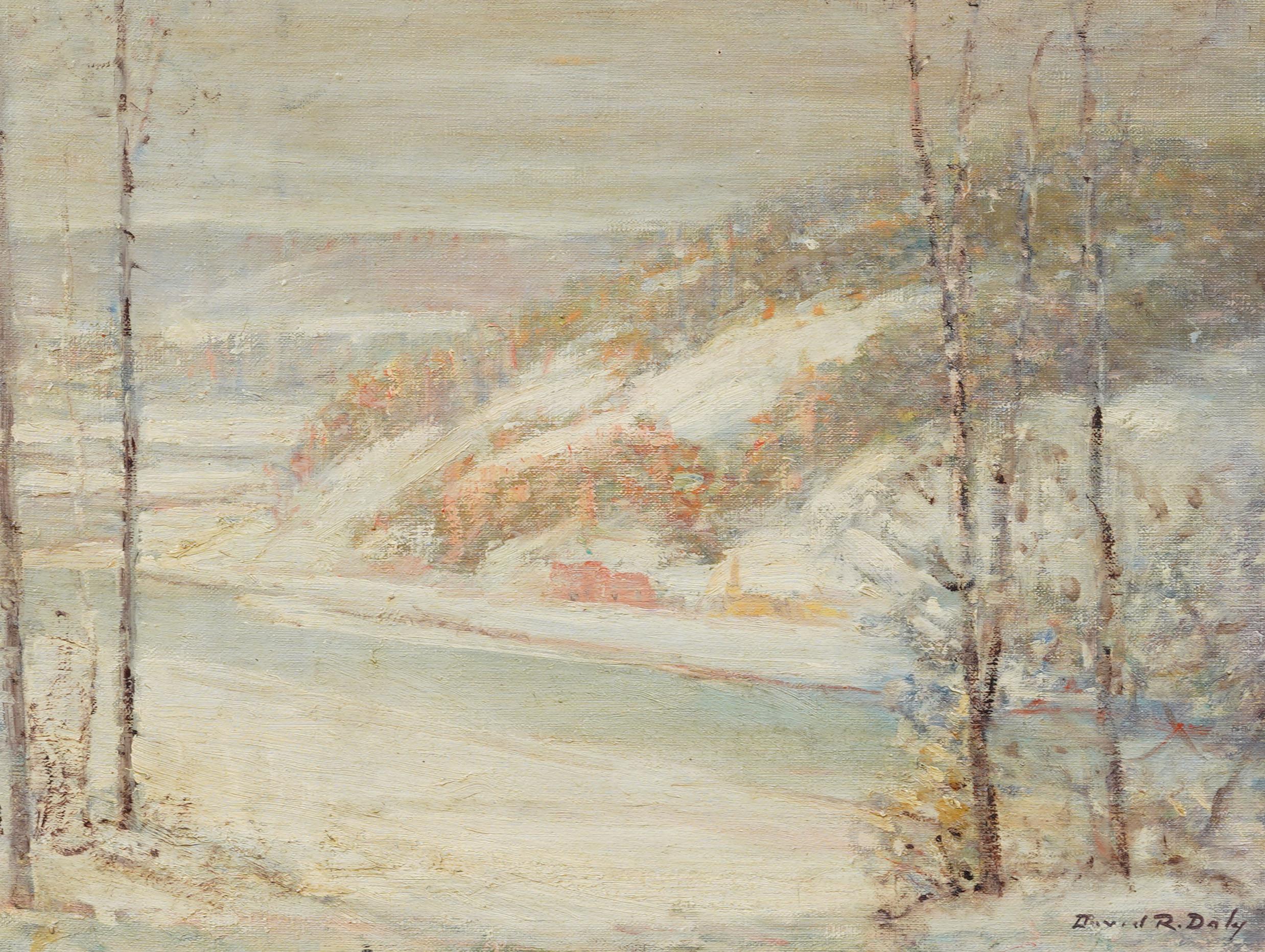 Peinture à l'huile impressionniste américaine ancienne, paysage de neige en hiver, encadrée et signée en vente 2