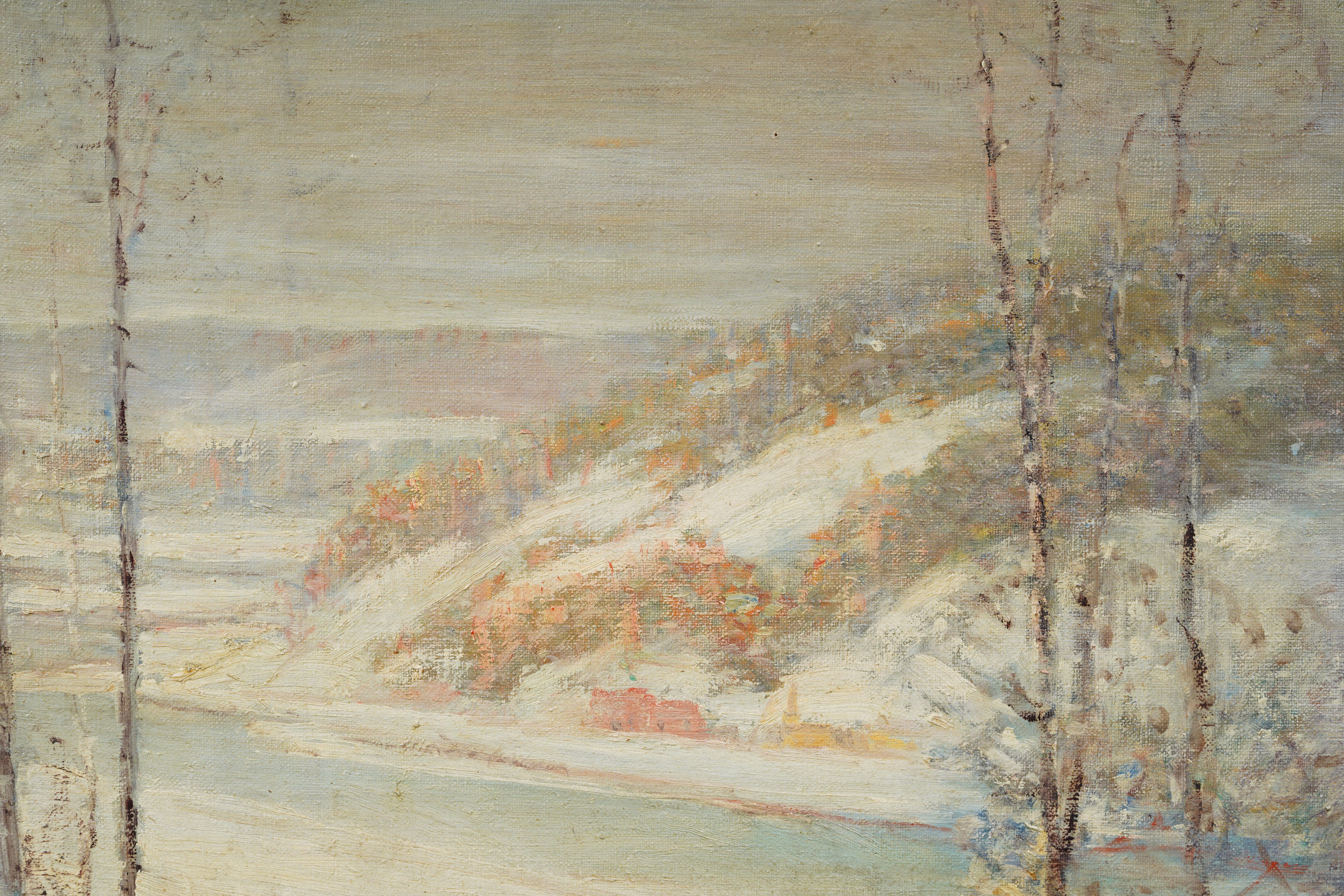 Peinture à l'huile impressionniste américaine ancienne, paysage de neige en hiver, encadrée et signée en vente 3