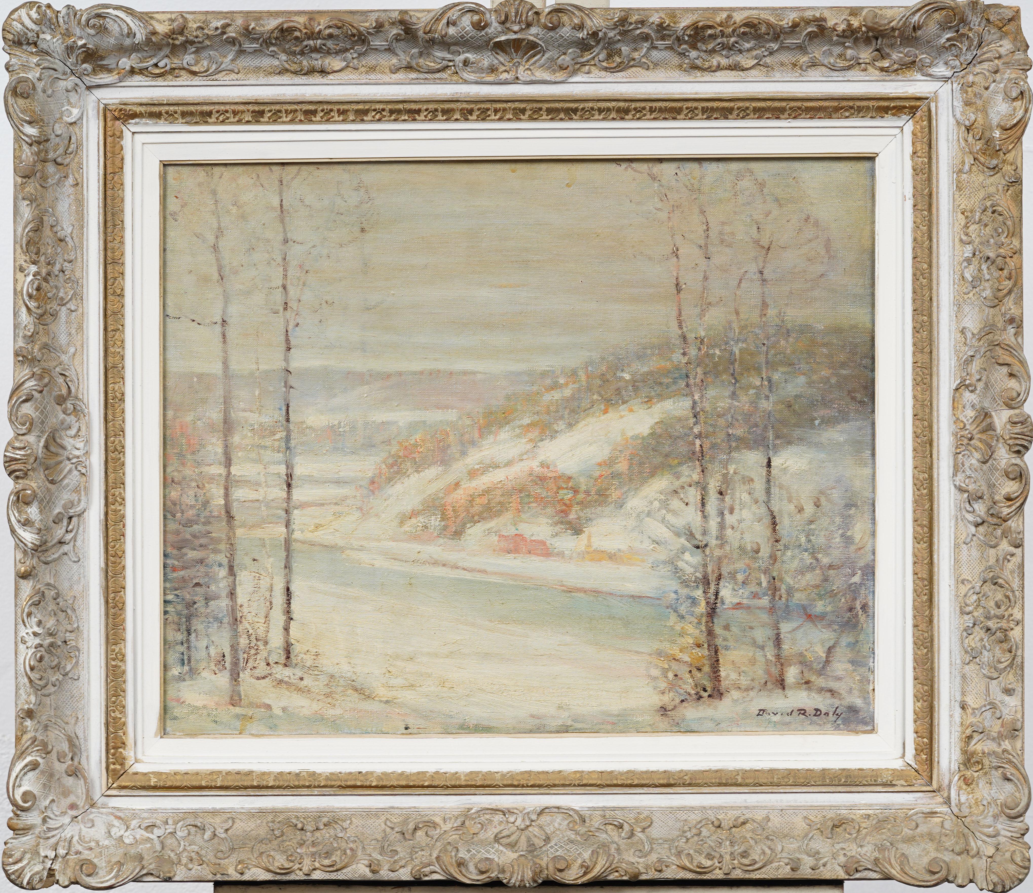 Peinture à l'huile impressionniste américaine ancienne, paysage de neige en hiver, encadrée et signée