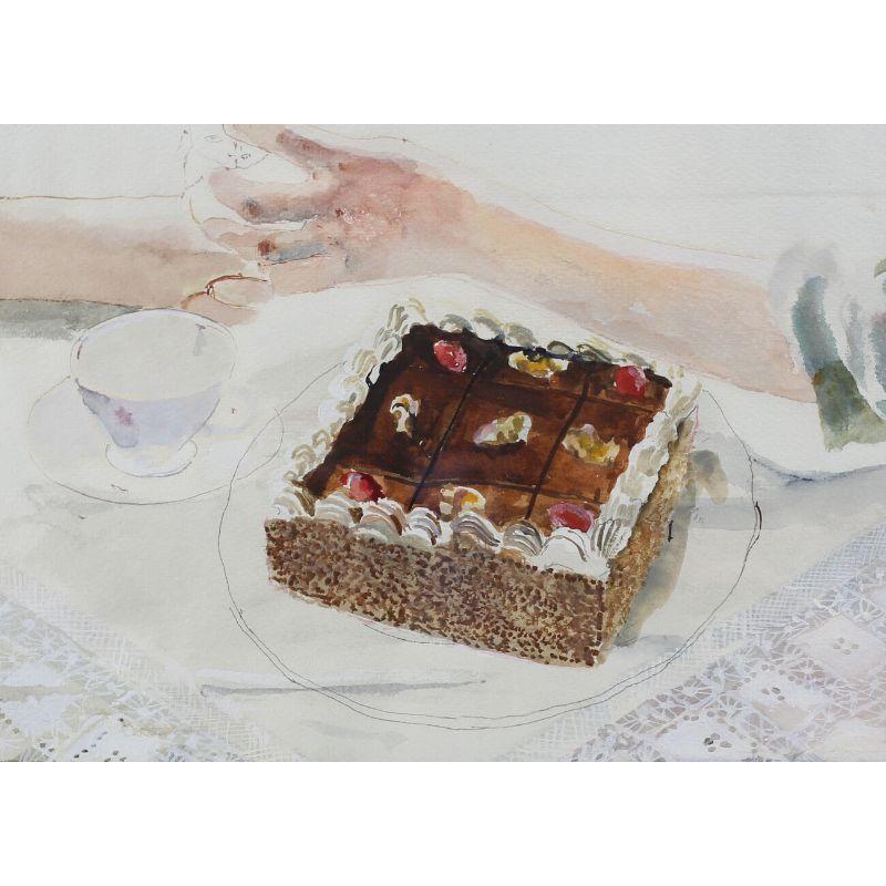 David Remfry Watercolor Two Women Having Cake, Signed In Excellent Condition For Sale In Gardena, CA