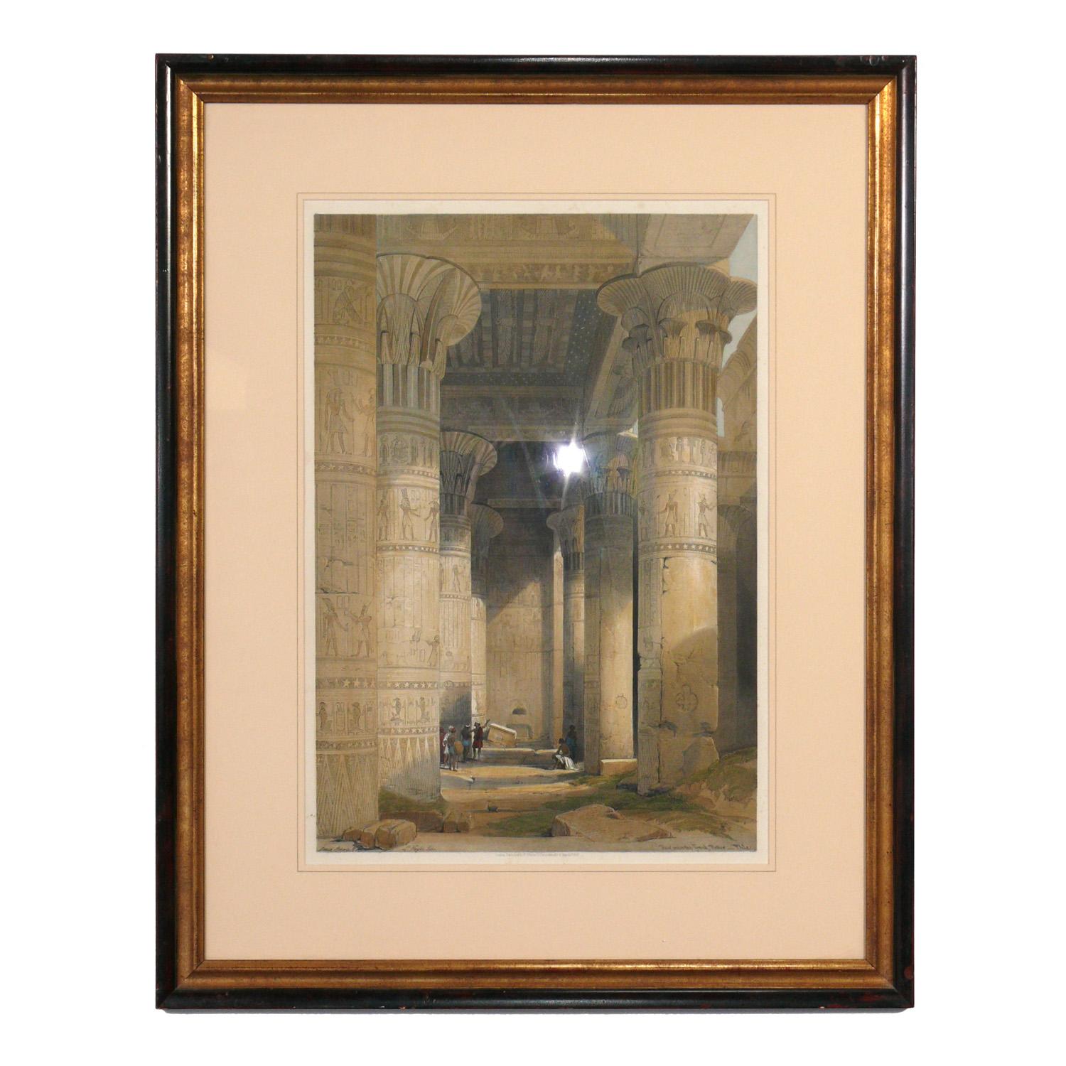 Group of two hand colored Egypt Lithographs, after David Roberts, English, circa 19th century. These were originally purchased at Ursus Gallery in New York City. They are professionally framed in gilt and deep ochre red bordered wood frames.