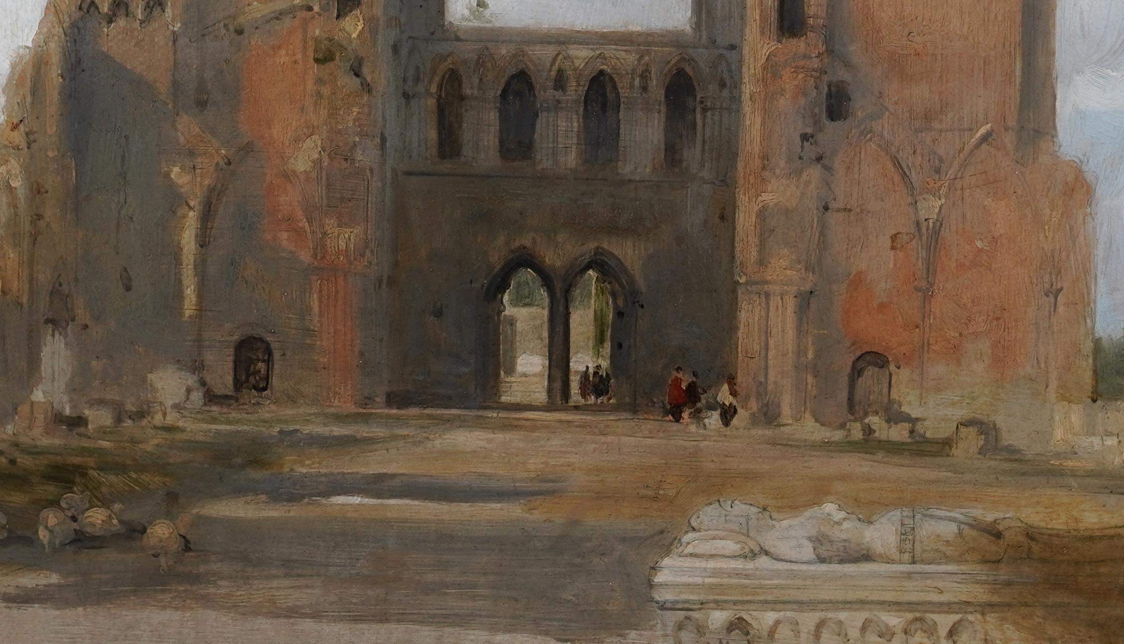 David Roberts, noted 19th century Scottish artist, painted this superb architectural landscape oil painting. Painted in 1848 it is the ruins at Elgin cathedral, a historic ruin in Elgin, Moray, north-east Scotland. The cathedral, dedicated to the
