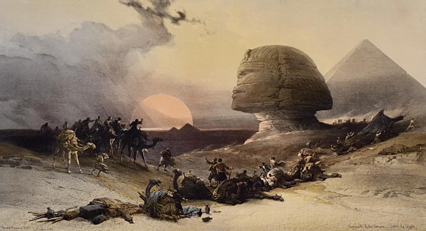 Avvicinamento del Simoon, deserto di Gizeh: litografia di Robert The del XIX secolo, colorata a mano. - Print Realismo di David Roberts