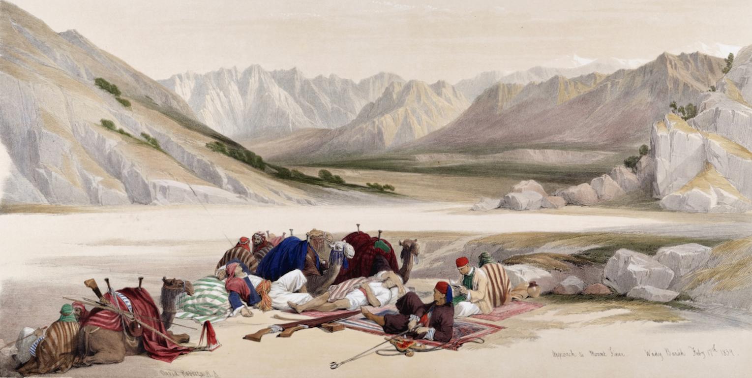 Approach to Mount Sinai 1839: Roberts' handkolorierte Lithographie des 19. Jahrhunderts (Realismus), Print, von David Roberts