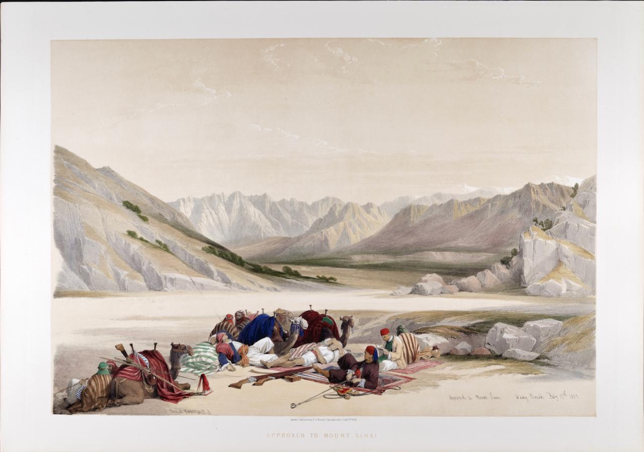 Approach to Mount Sinai 1839 : Lithographie de Roberts du 19e siècle, colorée à la main