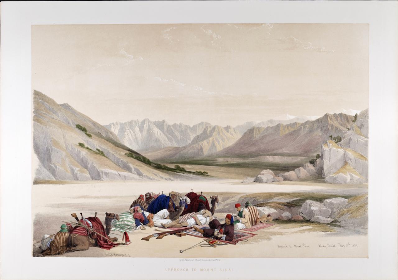 Avvicinamento al Monte Sinai 1839: litografia colorata a mano del XIX secolo di Roberts