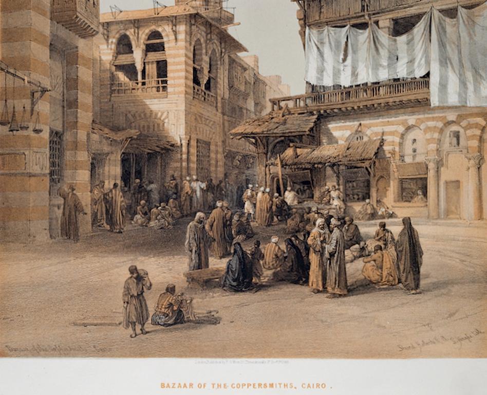 Bazaar of Coppersmiths, Cairo, Egypt: Original 19th C. Lithograph by D. Roberts - Realist Print by David Roberts