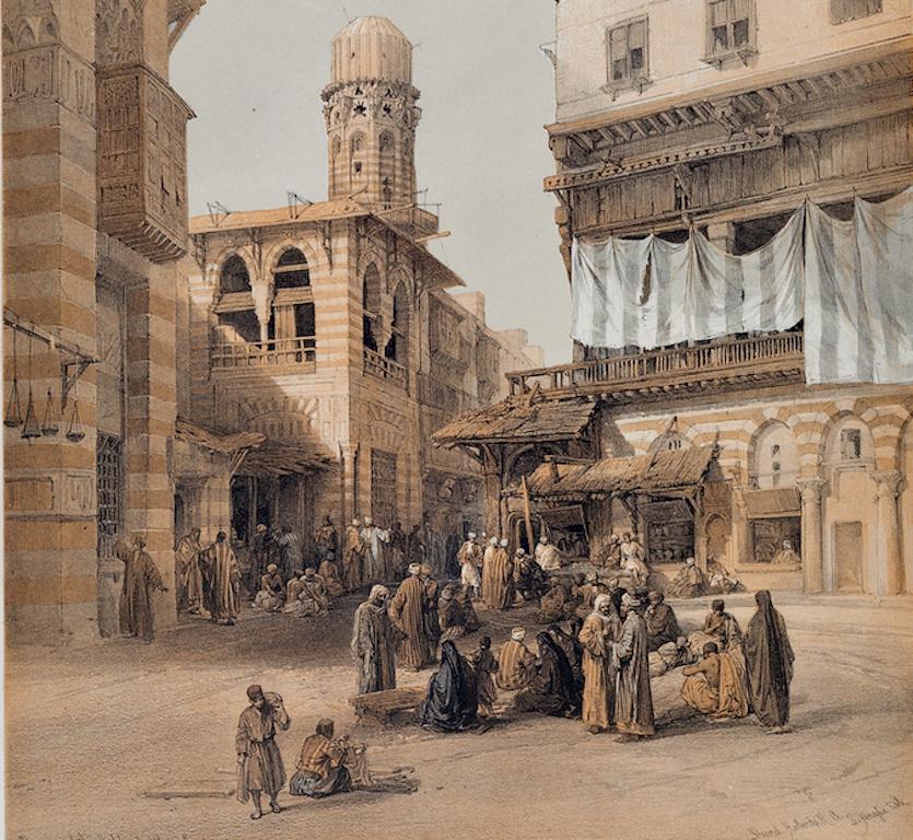 Bazaar of Coppersmiths, Cairo, Egypt: Original 19th C. Lithograph by D. Roberts - Beige Landscape Print by David Roberts
