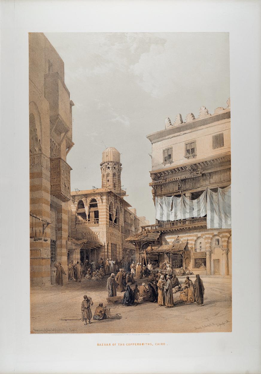 Bazar de los caldereros, El Cairo, Egipto: Litografía original del siglo XIX por D. Roberts