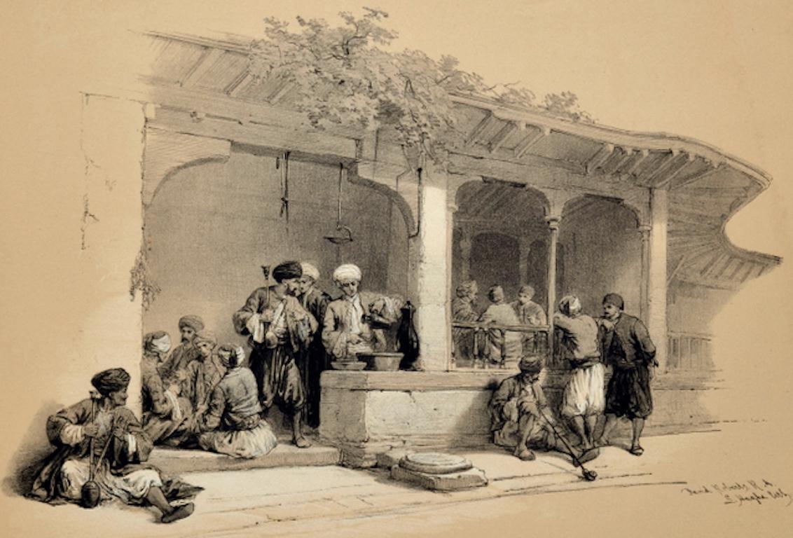 Coffee Shop of Cairo, Egypt: Original 19th C. Lithograph by David Roberts For Sale 1