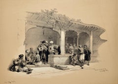 Cafetería de El Cairo, Egipto: Litografía original del siglo XIX por David Roberts