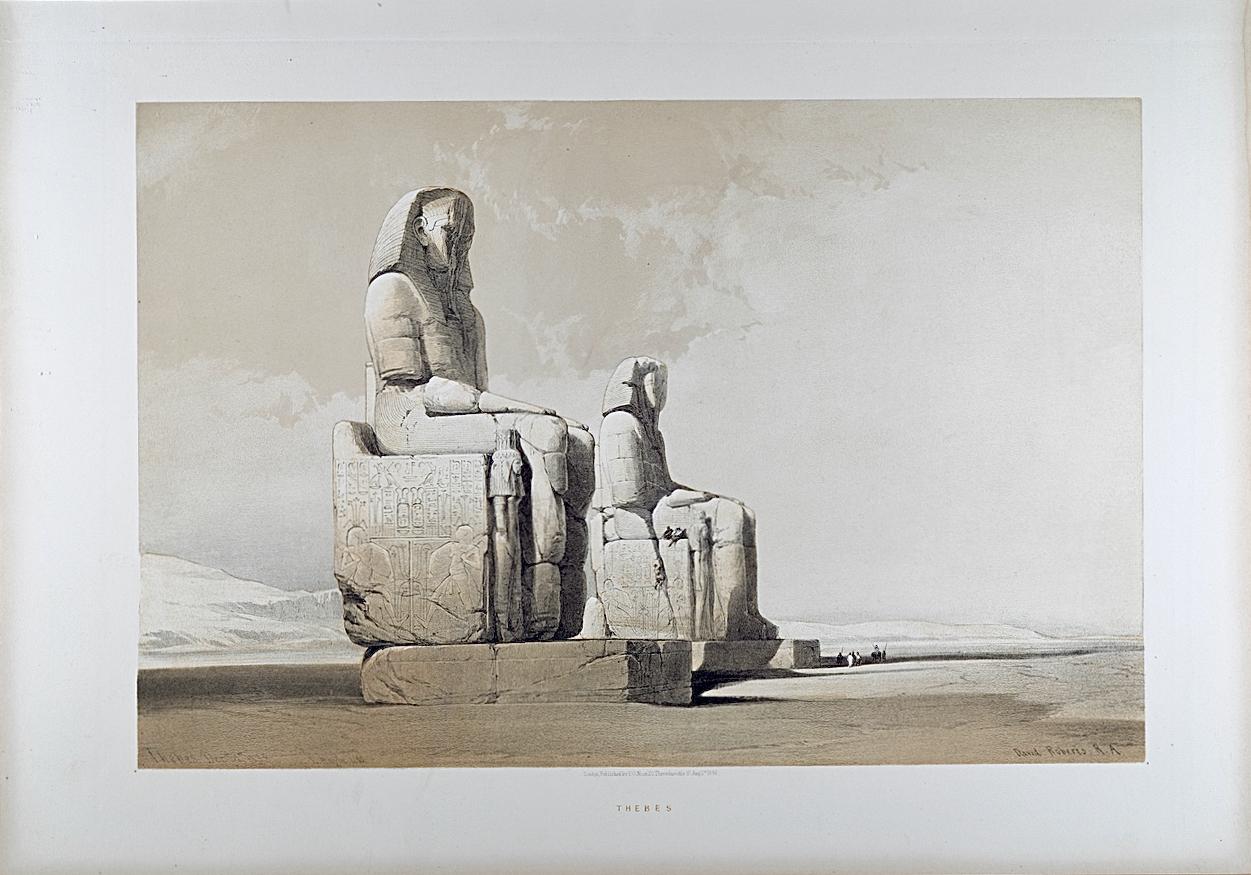 Colossi of Memnon, Thebes, Egypt: A 19th C. Lithograph by David Roberts