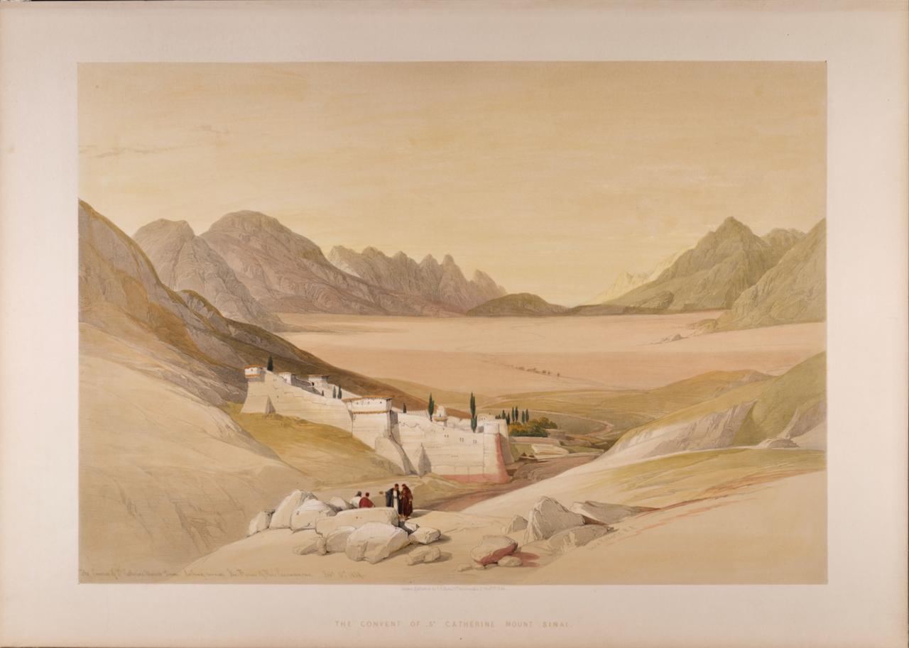 Convent de Saint-Catherine, Mount Sinai : lithographie de Roberts du 19e siècle, colorée à la main