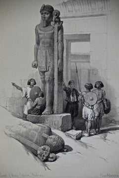 David Roberts' 19th Century Duo-tone Lithograph: Colossus of the Temple of Wady