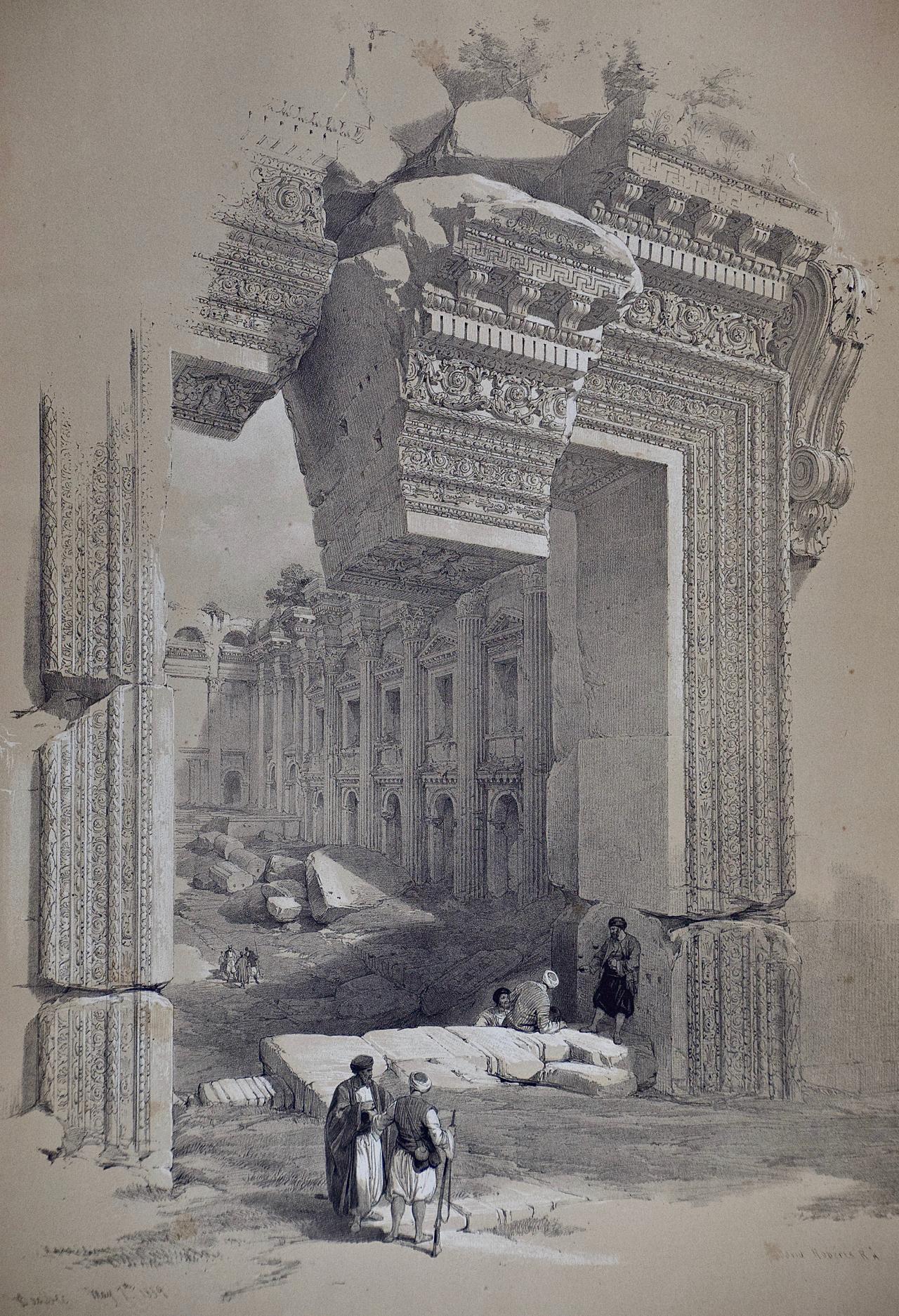Lithographie colorée à la main de David Roberts du 19e siècle, « The Doorway of Baalbec » (La porte du Baalbec). en vente 1
