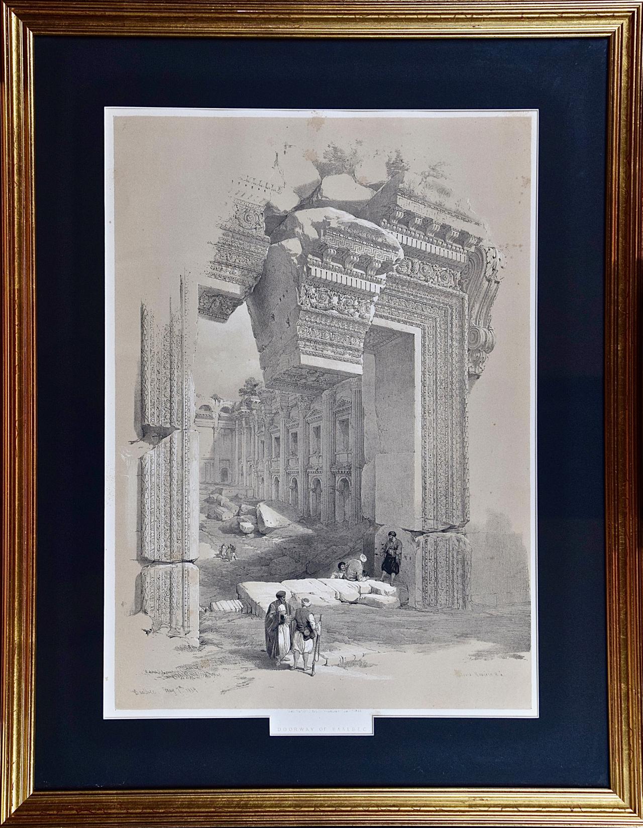 Handkolorierte Lithographie von David Roberts aus dem 19. Jahrhundert, „The Doorway of Baalbec“