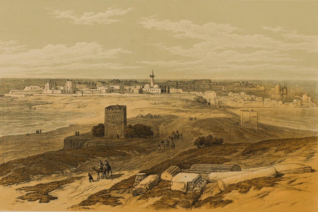 An intricate coloured lithograph depicting the view of Tyre, Lebanon from the isthmus. Printed by Vincent Brooks, Day & Son. Published by Cassell & Company, London. Signed in plate. Presented in a white card mount. On paper. 