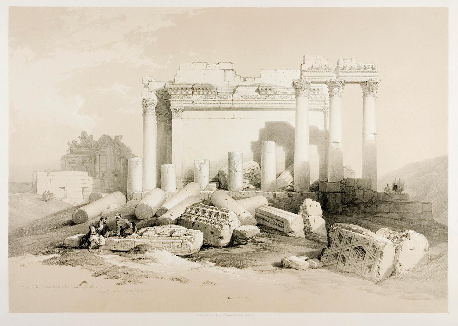 Eastern Portico, Baalbec, Lebanon. David Robert's Oriental lithograph, 1843.