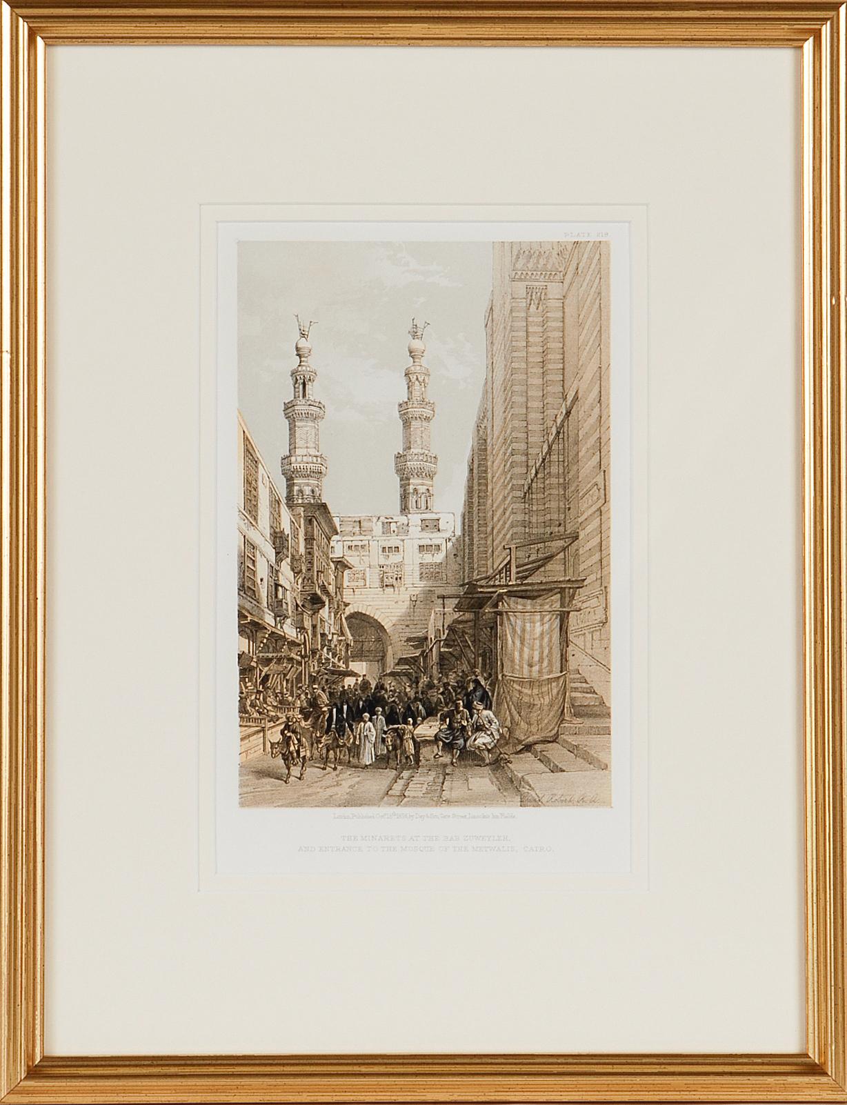 This is an original 19th century duo-tone lithograph entitled "The Minarets at the Bab Zuweyleh, and Entrance to the Mosque of the Metwalisl" by David Roberts, from his Egypt, The Holy Land and Nubia volumes of the quarto edition, published in