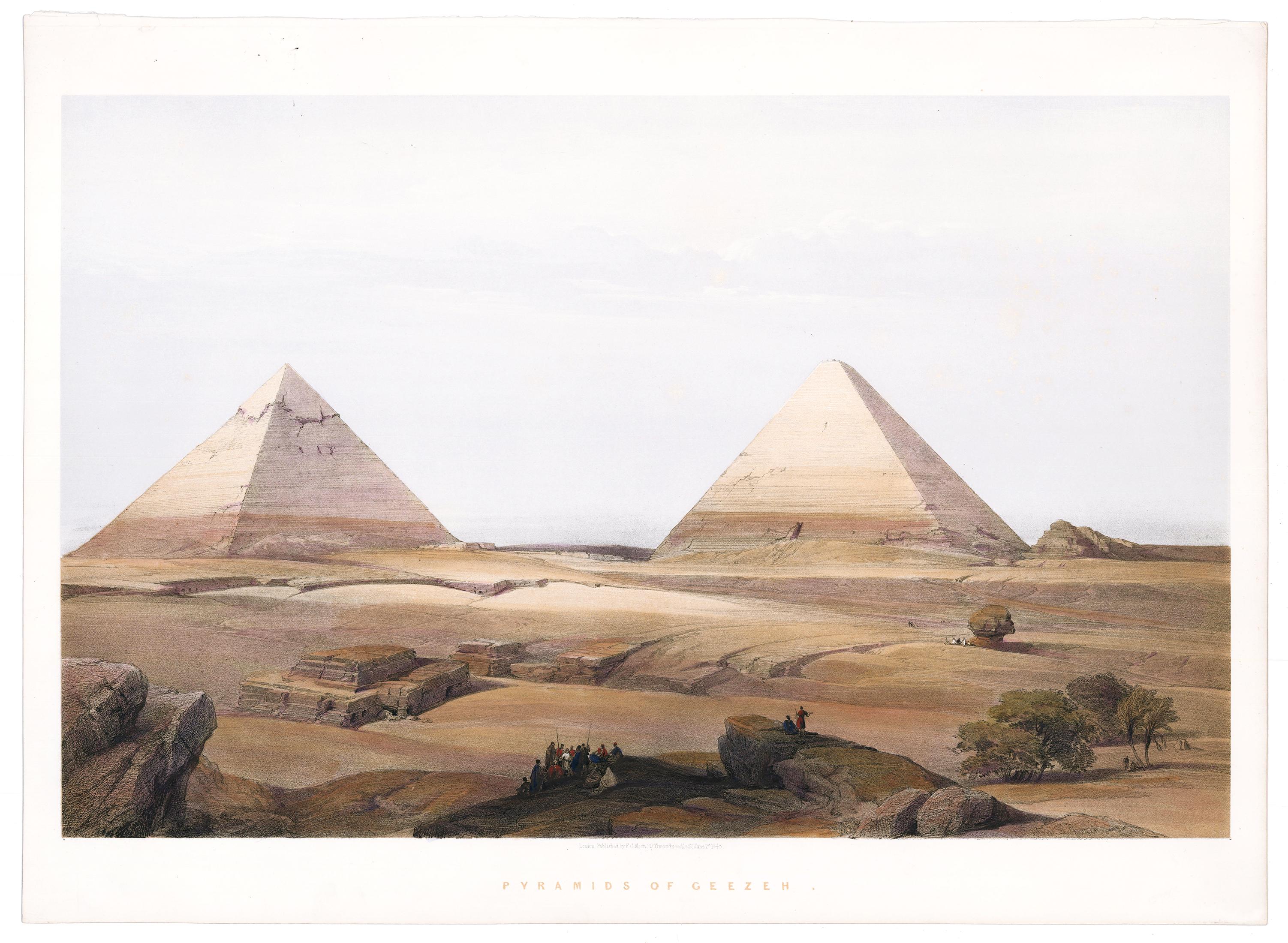 Hand-Colored Lithograph of the Pyramids at Gizeh. - Print by David Roberts