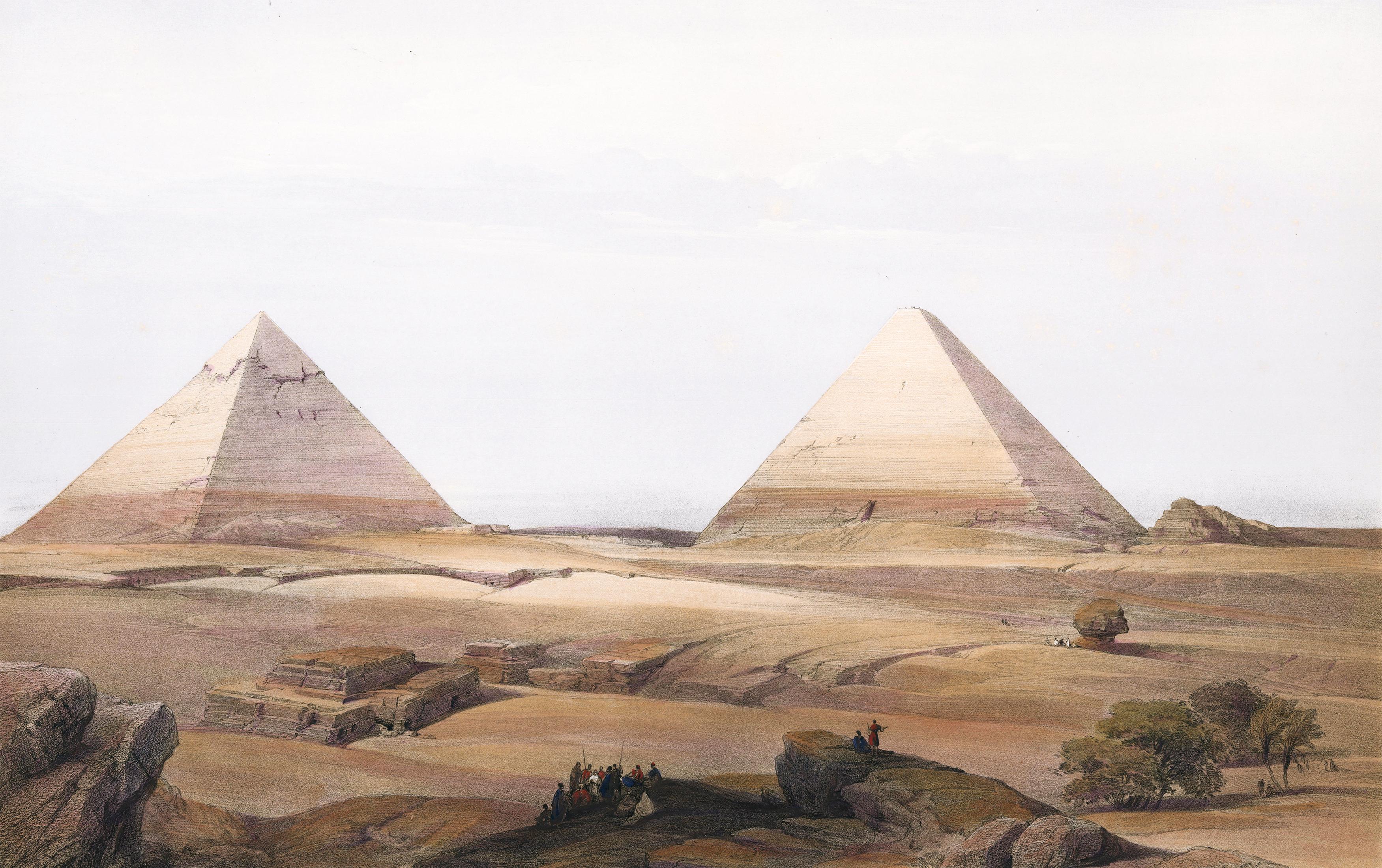 David Roberts Landscape Print - Hand-Colored Lithograph of the Pyramids at Gizeh.