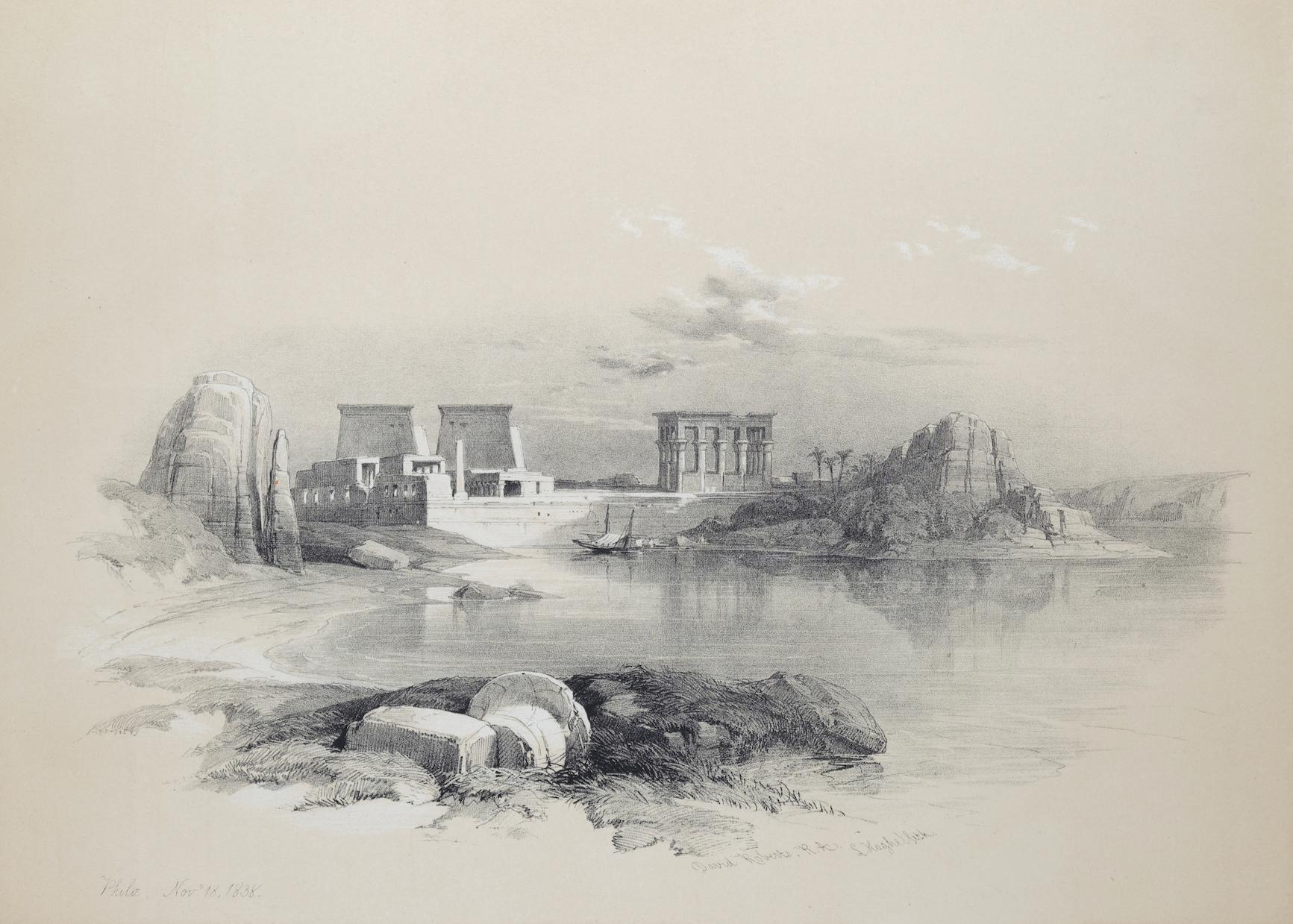 David Roberts Landscape Print - Island Philae, Looking Down the Nile: Original 19th C. Lithograph by D. Roberts