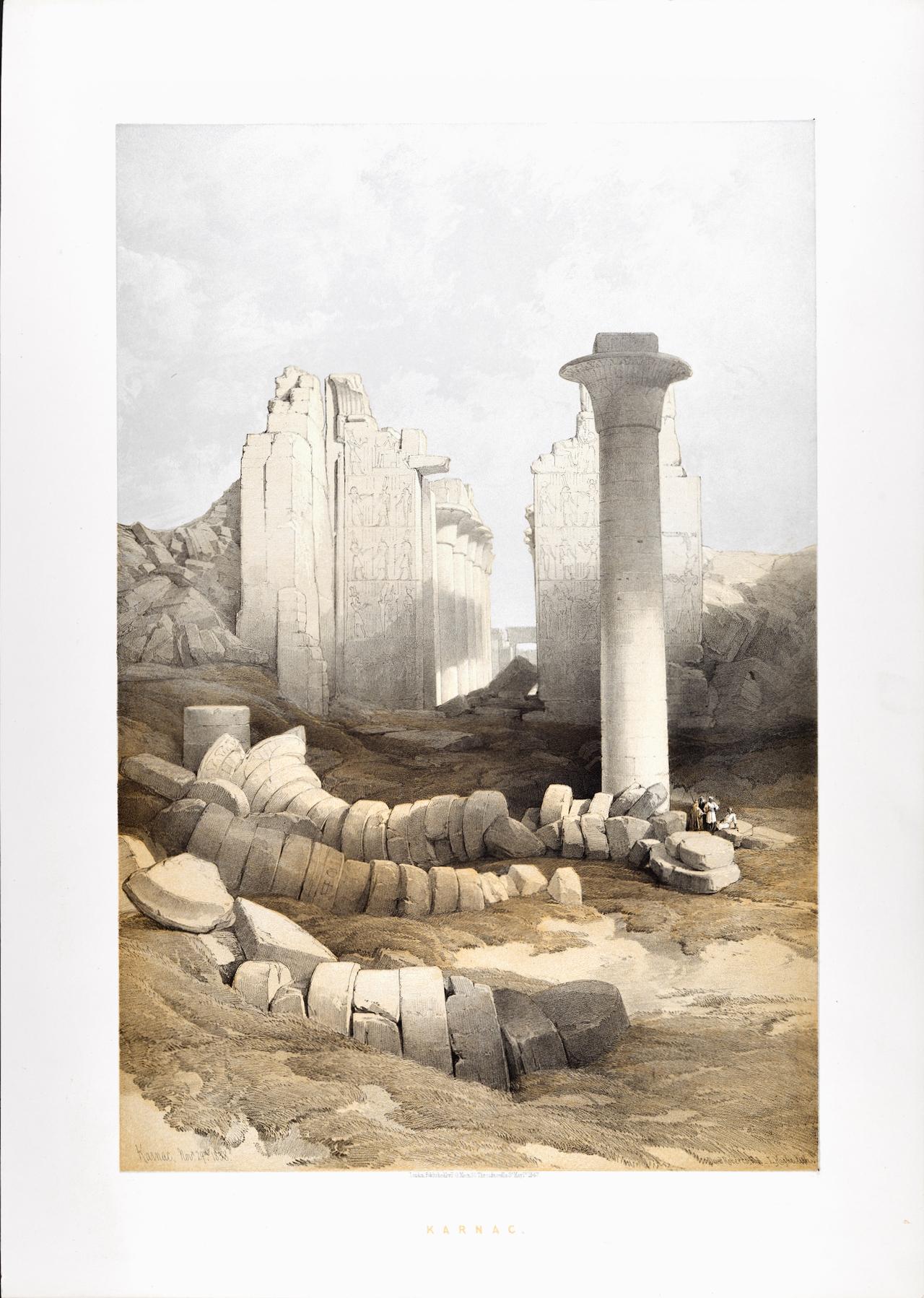 Dies ist eine originale handkolorierte Lithographie aus dem 19. Jahrhundert mit dem Titel "Karnac, Nov. 29, 1838" von David Roberts, aus seinen Ägypten und Nubien Bänden der großen Folio-Ausgabe, die 1847 in London von F. G. Moon veröffentlicht