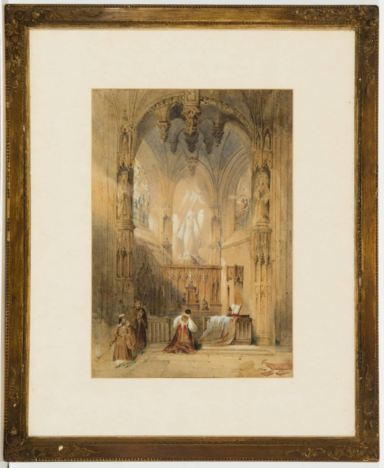 A very fine 19th century English watercolour in the manner of David Roberts RA, depicting a church interior with figures at prayer, beautifully presented in a decorative gilt frame. There is an indistinct signature and date to the lower right -