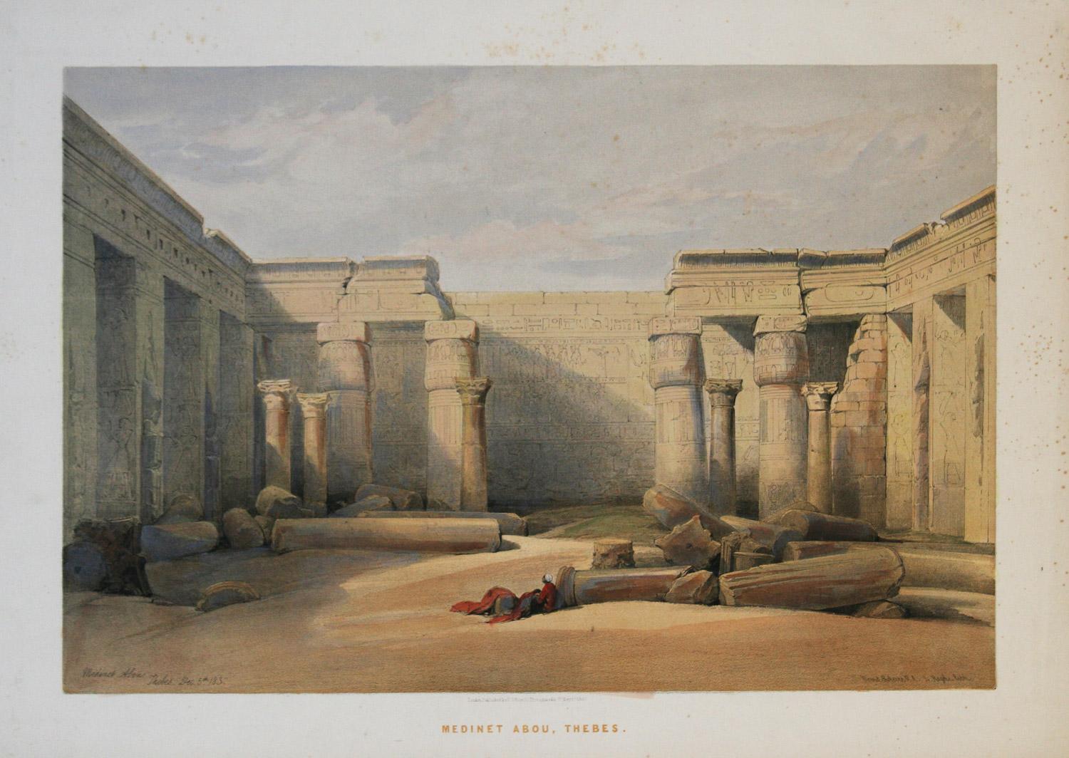      Medinet Abou, Tebas es una litografía coloreada a mano de la edición estándar de "Vistas de Tierra Santa, Siria, Idumea, Arabia, Egipto y Nubia", un conjunto de seis volúmenes de 250 litografías coloreadas por Louis Haghe a partir de los