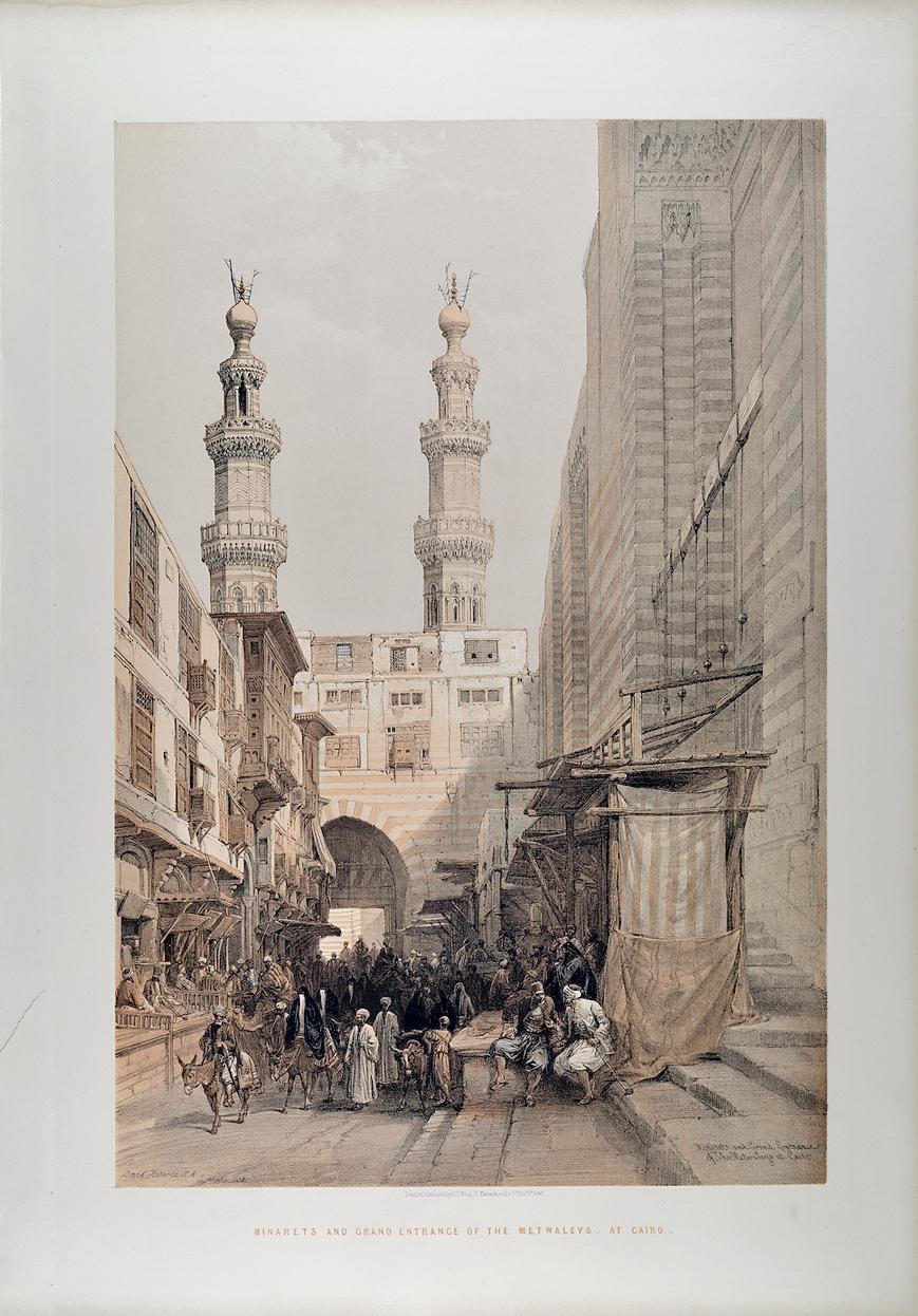 Minaretes de Metwaleys, El Cairo, Egipto: Litografía original del siglo XIX por D. Roberts