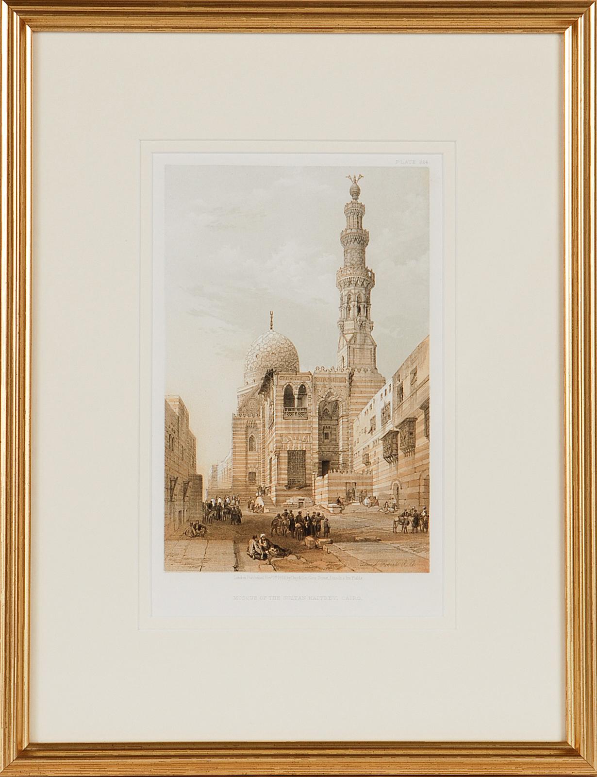 This is an original 19th century duo-tone lithograph entitled "Mosque of the Sultan Kaitbey, Cairo" by David Roberts, from his Egypt, The Holy Land and Nubia volumes of the quarto edition, published in London by Day and Son in 1856. The lithographs