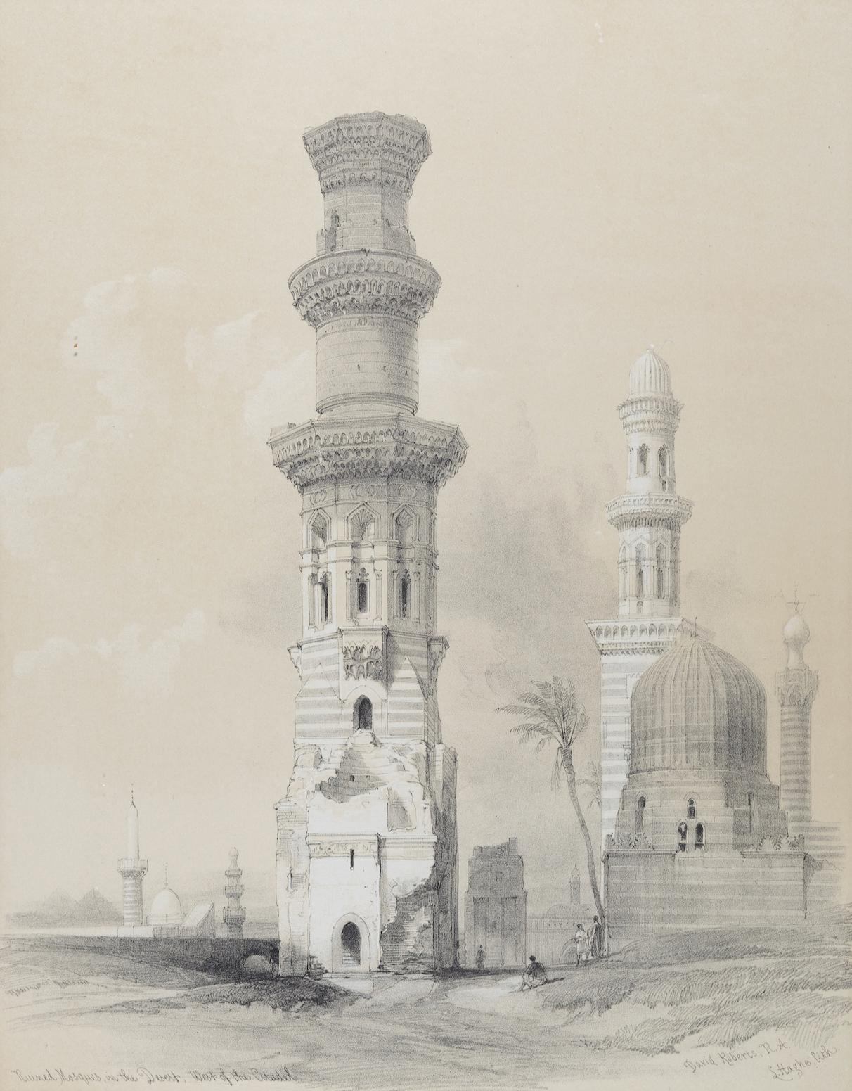 Mosques in the Desert West of Citadel: Original 19th C. Lithograph by D. Roberts