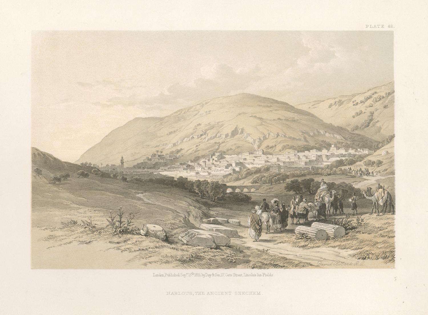 Nablous, The Ancient Shechem. tinted lithograph after David Roberts, 1855.