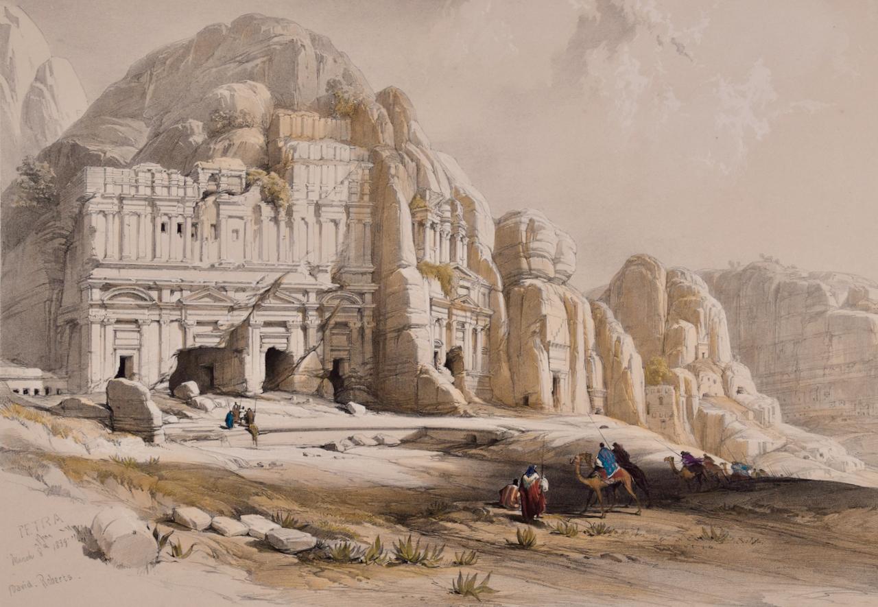 Petra, The Upper or Eastern Valley: Handkolorierte Roberts-Lithographie aus dem 19. Jahrhundert (Realismus), Print, von David Roberts