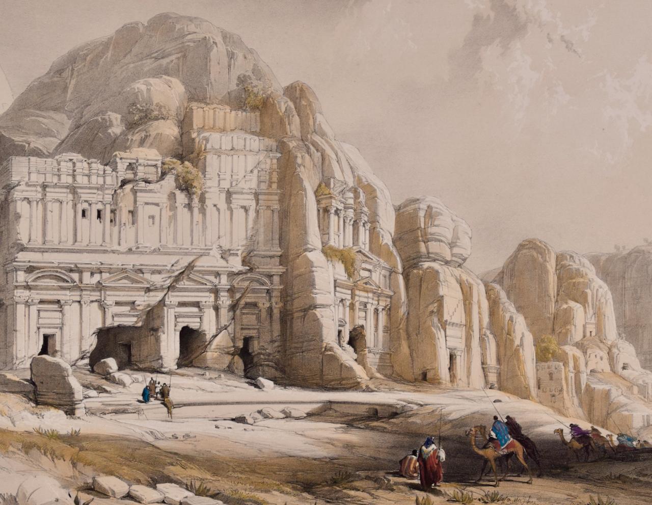 Petra, The Upper or Eastern Valley: Handkolorierte Roberts-Lithographie aus dem 19. Jahrhundert (Braun), Landscape Print, von David Roberts