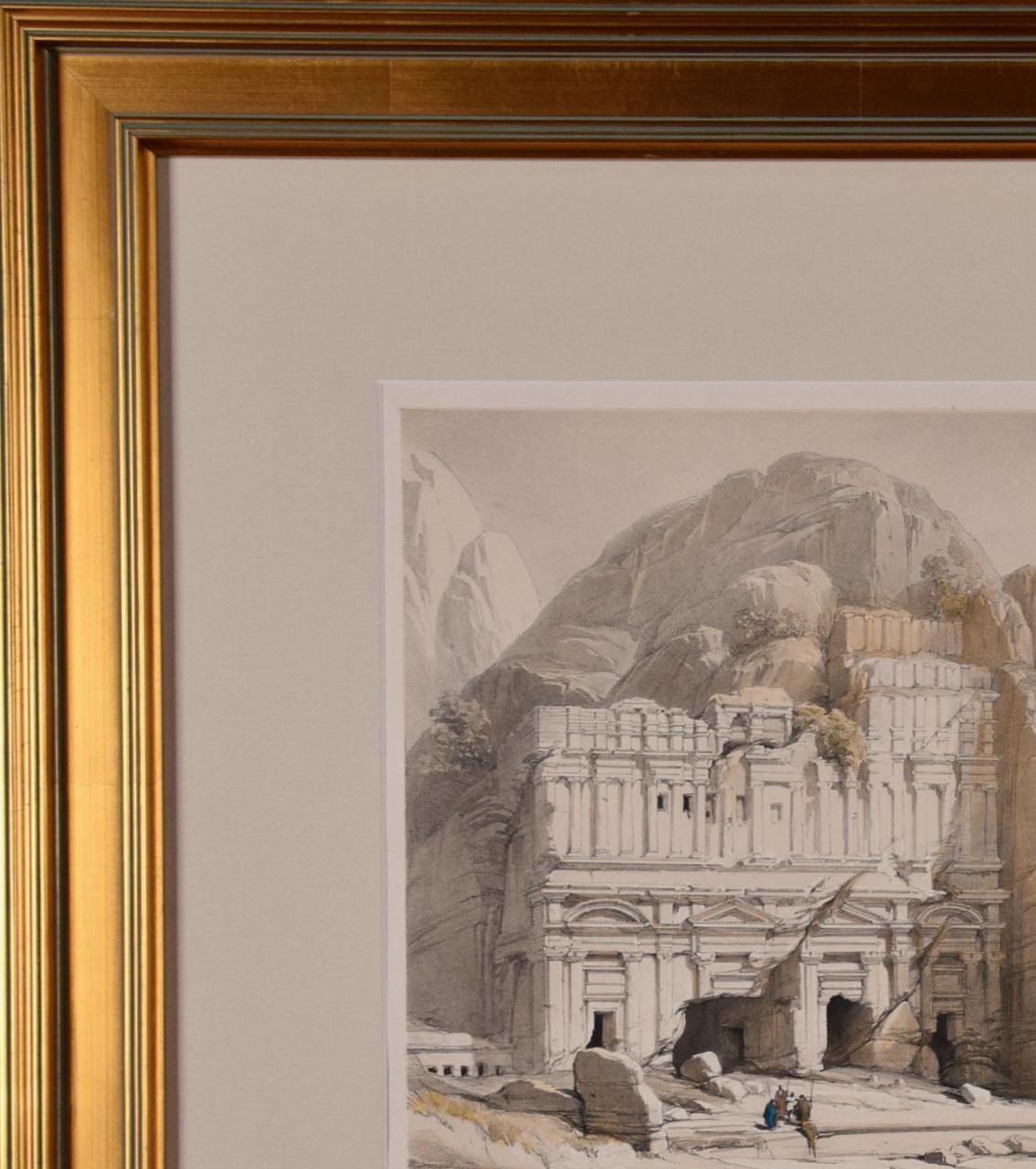 Petra, The Upper or Eastern Valley: 19th C. Hand-colored Roberts Lithograph - Realist Print by David Roberts