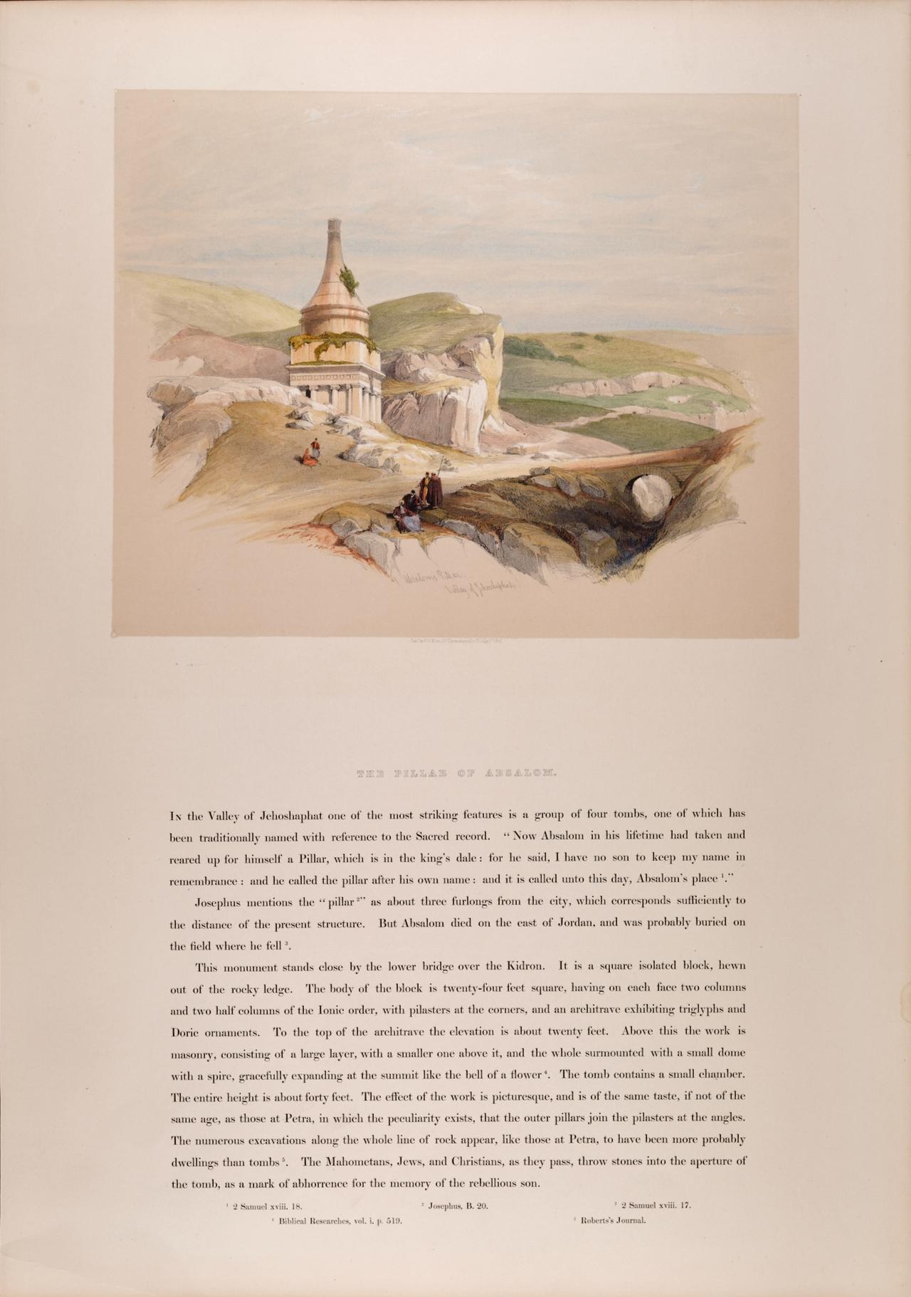 Pillar of Absalom près de Jérusalem : Lithographie de David Roberts du 19e siècle, colorée à la main