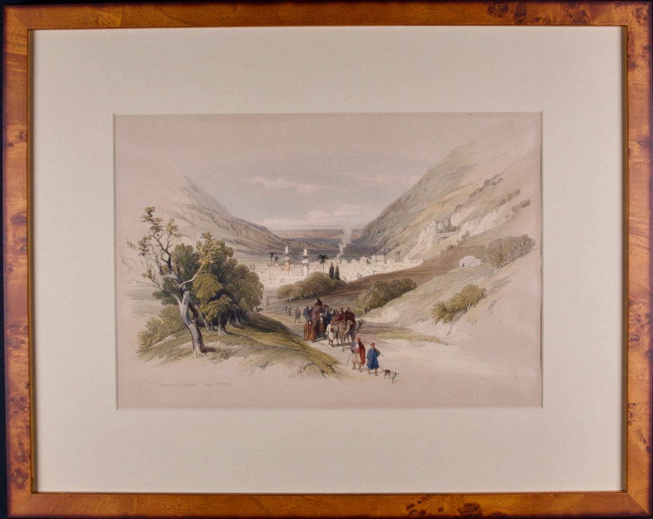 "Ingresso a Nablous, Terra Santa (Cisgiordania)" è una litografia colorata a mano di David Roberts del XIX secolo, incorniciata, tratta dall'edizione in folio grande della sua monumentale pubblicazione in 6 volumi.  "La Terra Santa, la Siria,