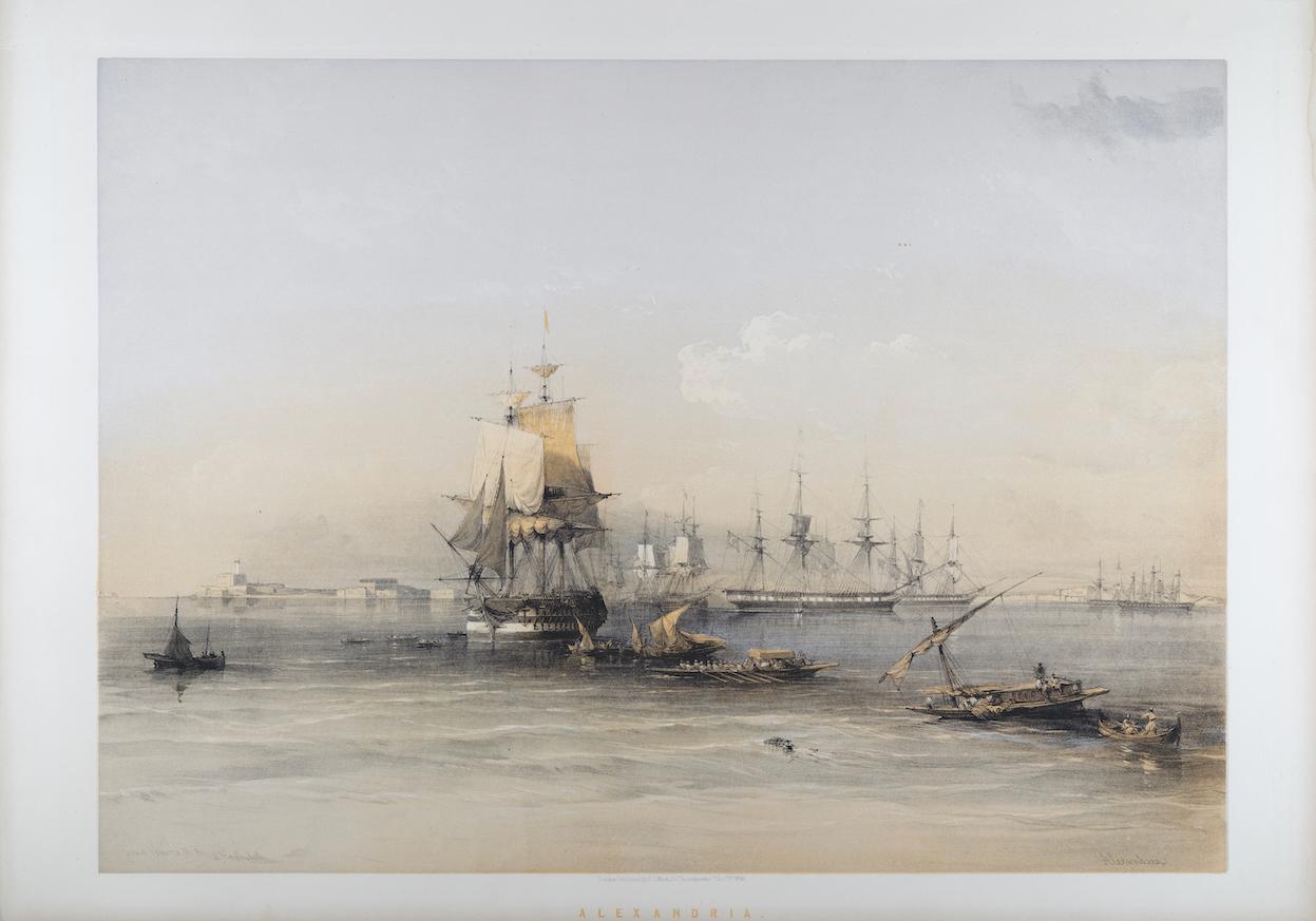 David Roberts Landscape Print – Segelschiffe in Alexandria, Ägypten: Original-Lithographie aus dem 19. Jahrhundert von D. Roberts