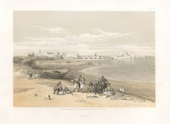 Lithographie teintée de Sidon, Liban, d'après David Roberts, 1855.