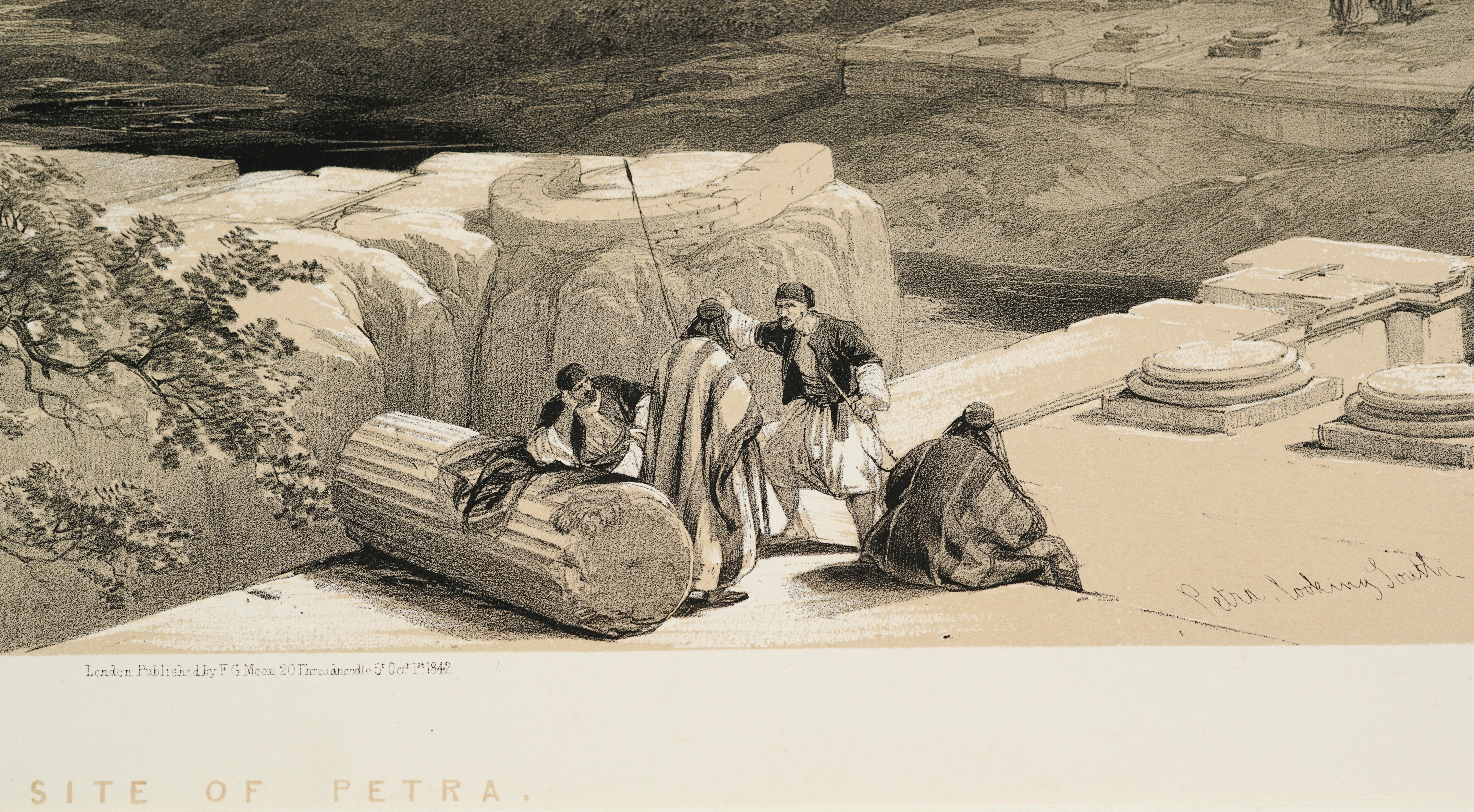 Original hand-colored lithograph by David Roberts (1796 – 1864) published by F.G. Moon, 1842. 
Petra is a historical and archaeological city in southern Jordan, established in 312 BC. It is famous for its rock-cut architecture and water conduit