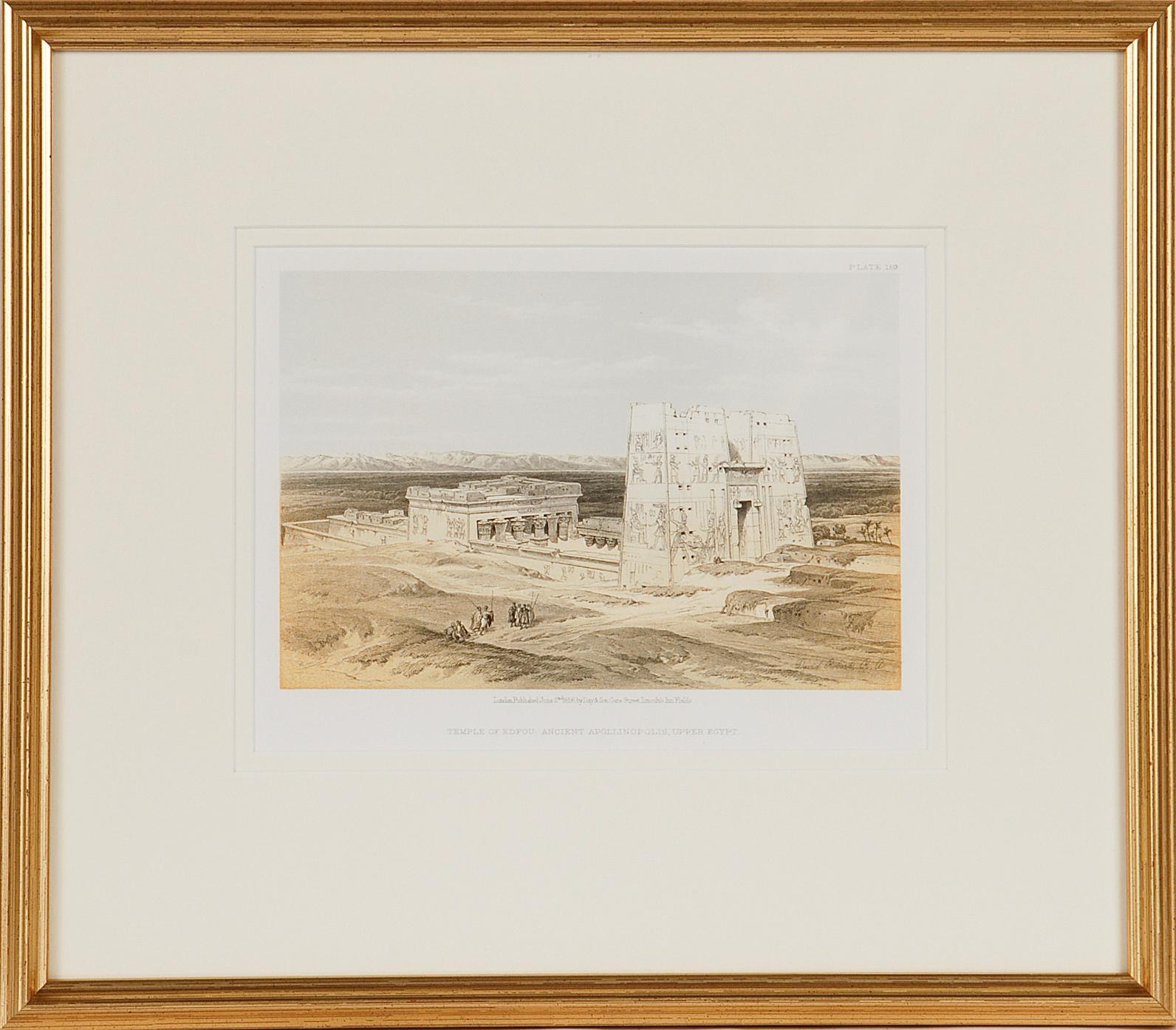 This is an original 19th century duotone lithograph entitled "Temple of Edfou, Ancient Apollinopolis" by David Roberts, from his Egypt, The Holy Land and Nubia volumes of the quarto edition, published in London by Day and Son in 1856. The