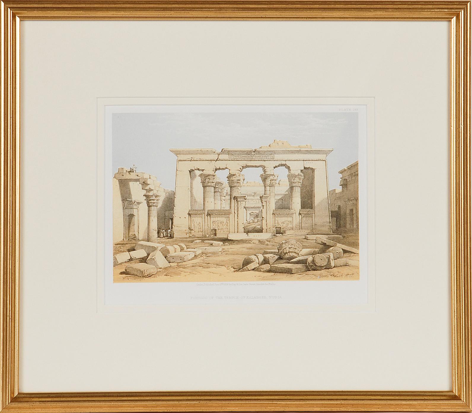 This is an original 19th century duotone lithograph entitled "Portico of the Temple of Kalabashe, Nubia" by David Roberts, from his Egypt, The Holy Land and Nubia volumes of the quarto edition, published in London by Day and Son in 1856. The